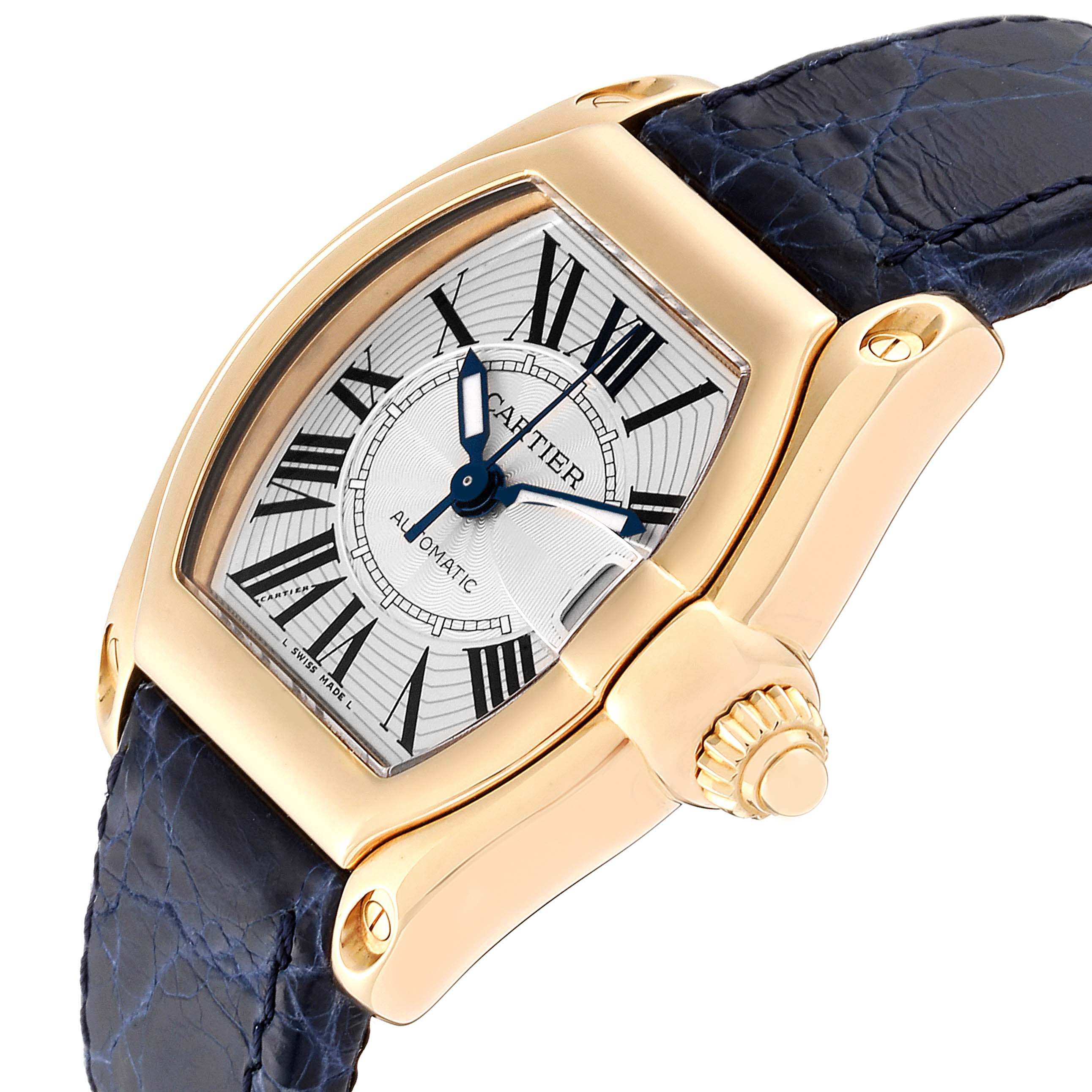 The image shows a close-up angle of a Cartier Roadster W62005V2 Men's Yellow Gold Silver Dial W62005V2 Men's Yellow Gold Silver Dial watch, highlighting the dial, crown, and part of the leather strap.