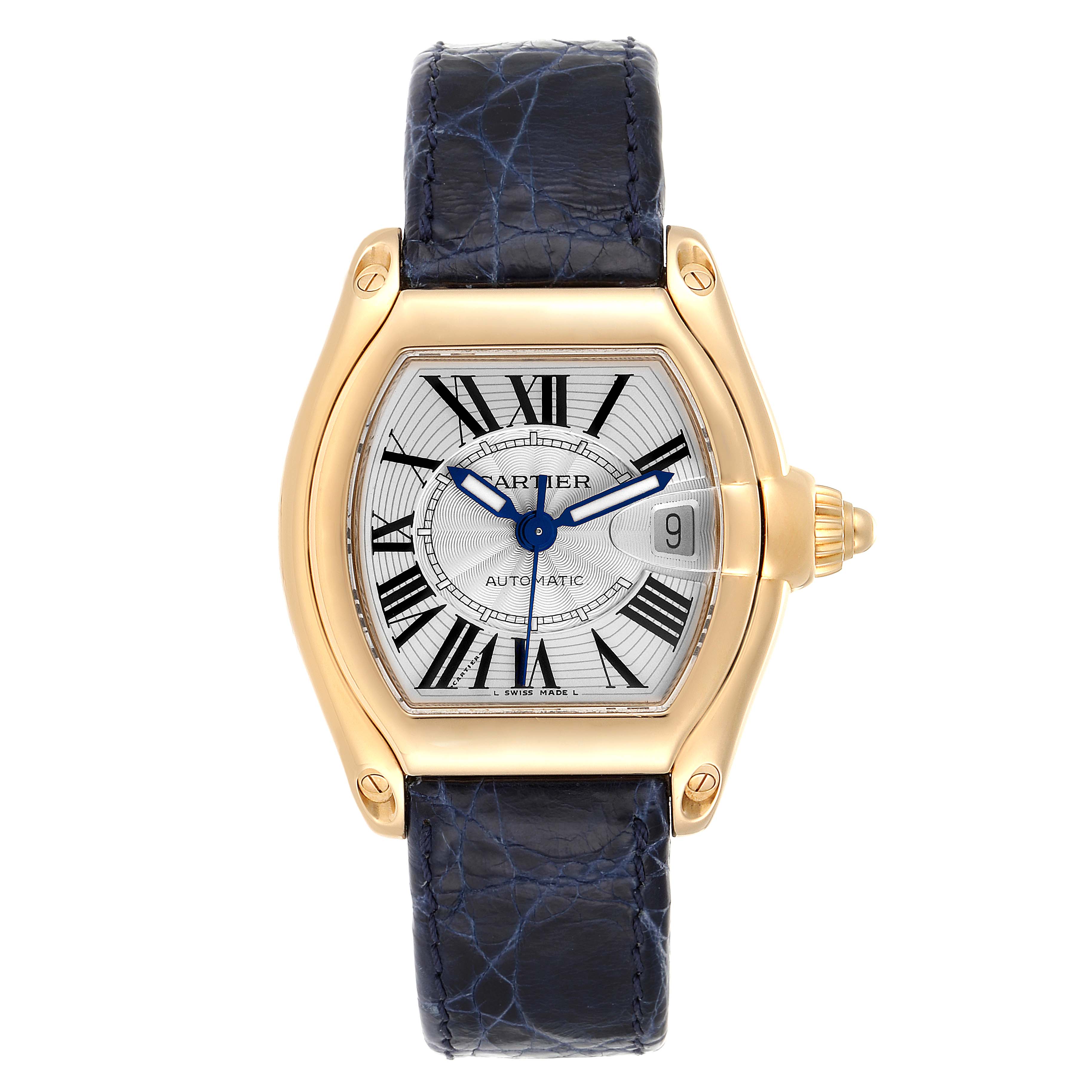 The image shows a front view of the Cartier Roadster W62005V2 Men's Yellow Gold Silver Dial W62005V2 Men's Yellow Gold Silver Dial watch, featuring a gold case, Roman numerals, and a blue leather strap.