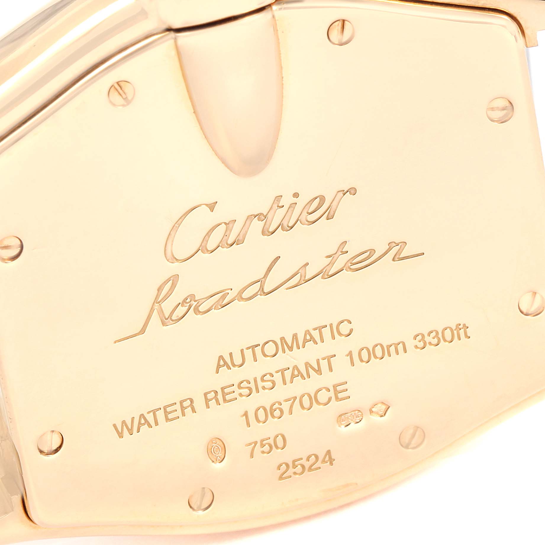 The image shows the back case of a Cartier Roadster W62005V2 Men's Yellow Gold Silver Dial W62005V2 Men's Yellow Gold Silver Dial watch, highlighting its branding and specifications.