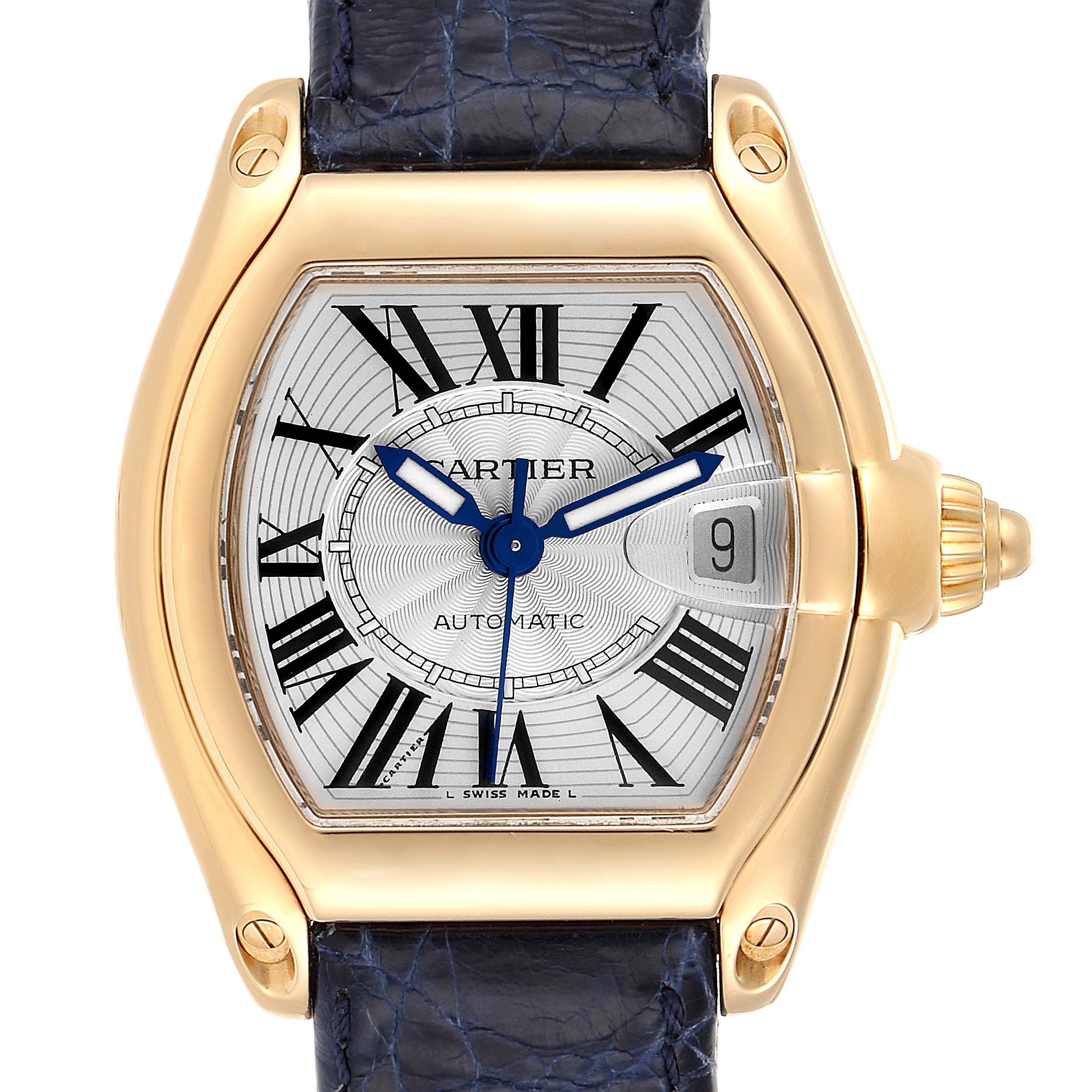 This image shows a close-up, front view of the Cartier Roadster W62005V2 Men's Yellow Gold Silver Dial W62005V2 Men's Yellow Gold Silver Dial watch, highlighting its face, case, and strap.