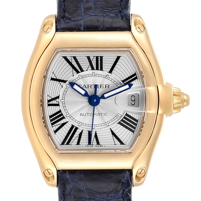 Cartier Roadster Yellow Gold Blue Strap Large Mens Watch W62005V2 SwissWatchExpo