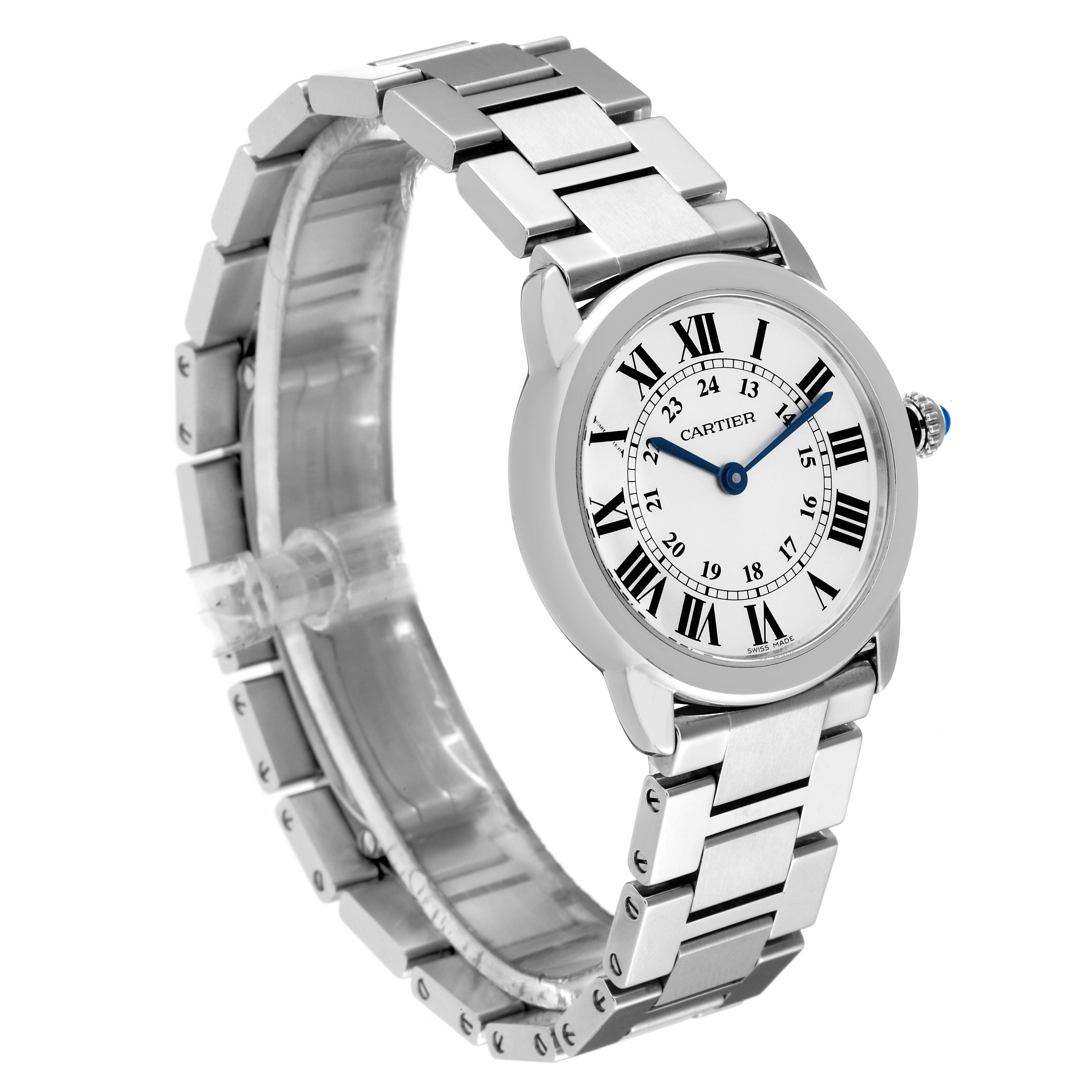The image shows a Cartier Ronde W6701004 Women's Stainless Steel Silver Dial W6701004 Women's Stainless Steel Silver Dial model watch angled from the top-left, highlighting the face, bezel, and metal bracelet.
