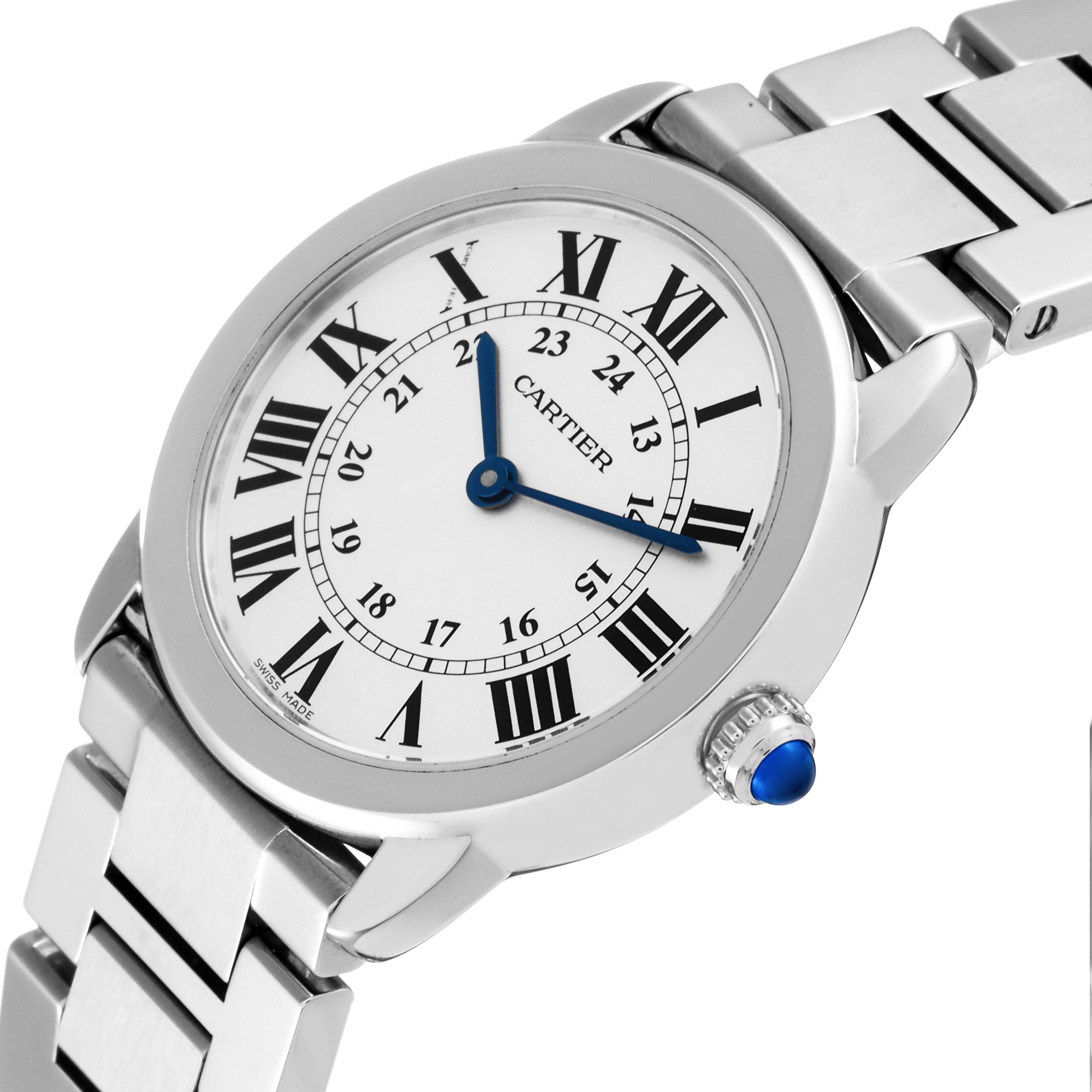 This image shows a close-up, angled view of a Cartier Ronde W6701004 Women's Stainless Steel Silver Dial W6701004 Women's Stainless Steel Silver Dial model watch, highlighting its face, bezel, and part of the metal strap.