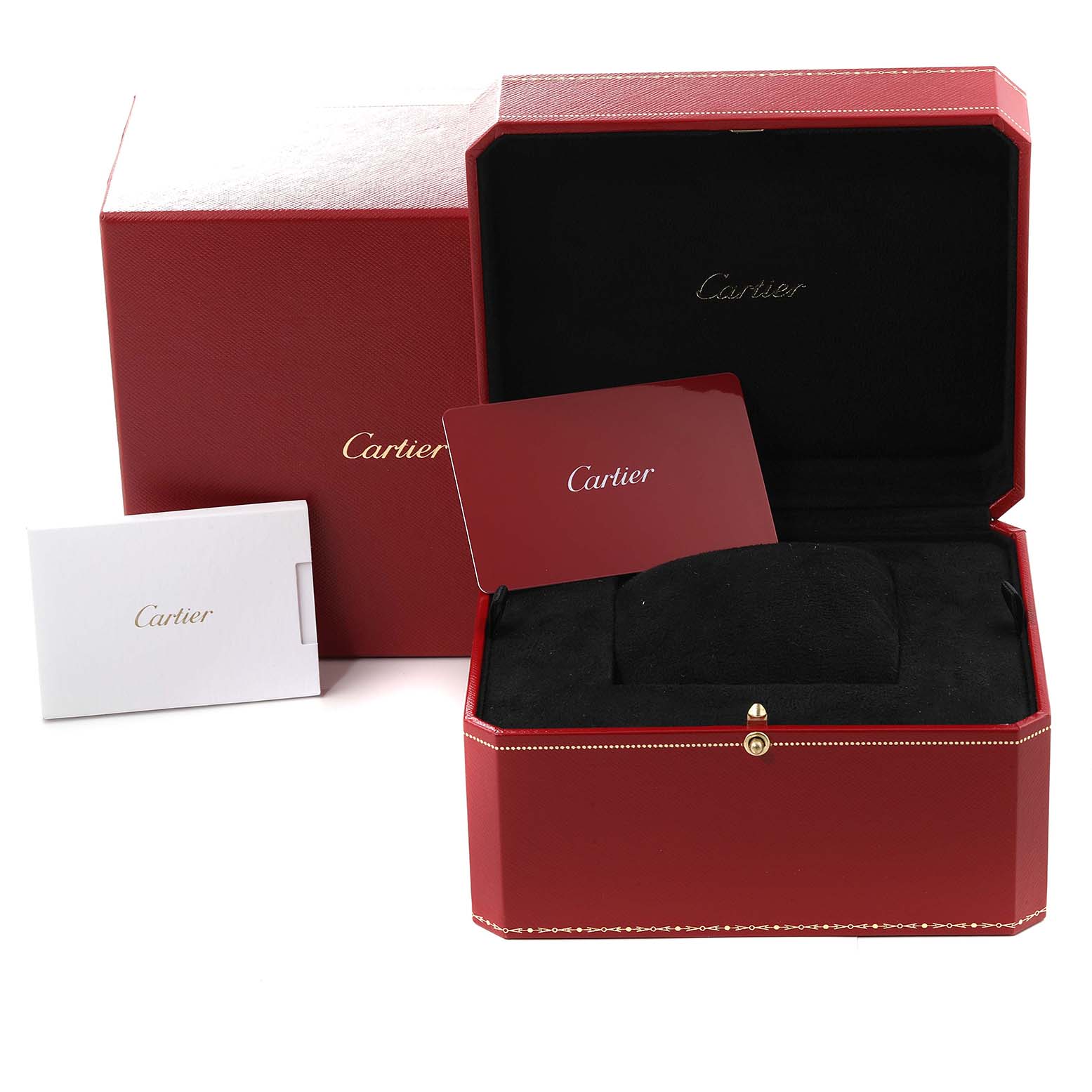 The image shows the packaging for the Cartier Ronde W6701004 Women's Stainless Steel Silver Dial W6701004 Women's Stainless Steel Silver Dial model, including a red box, card, and booklet.