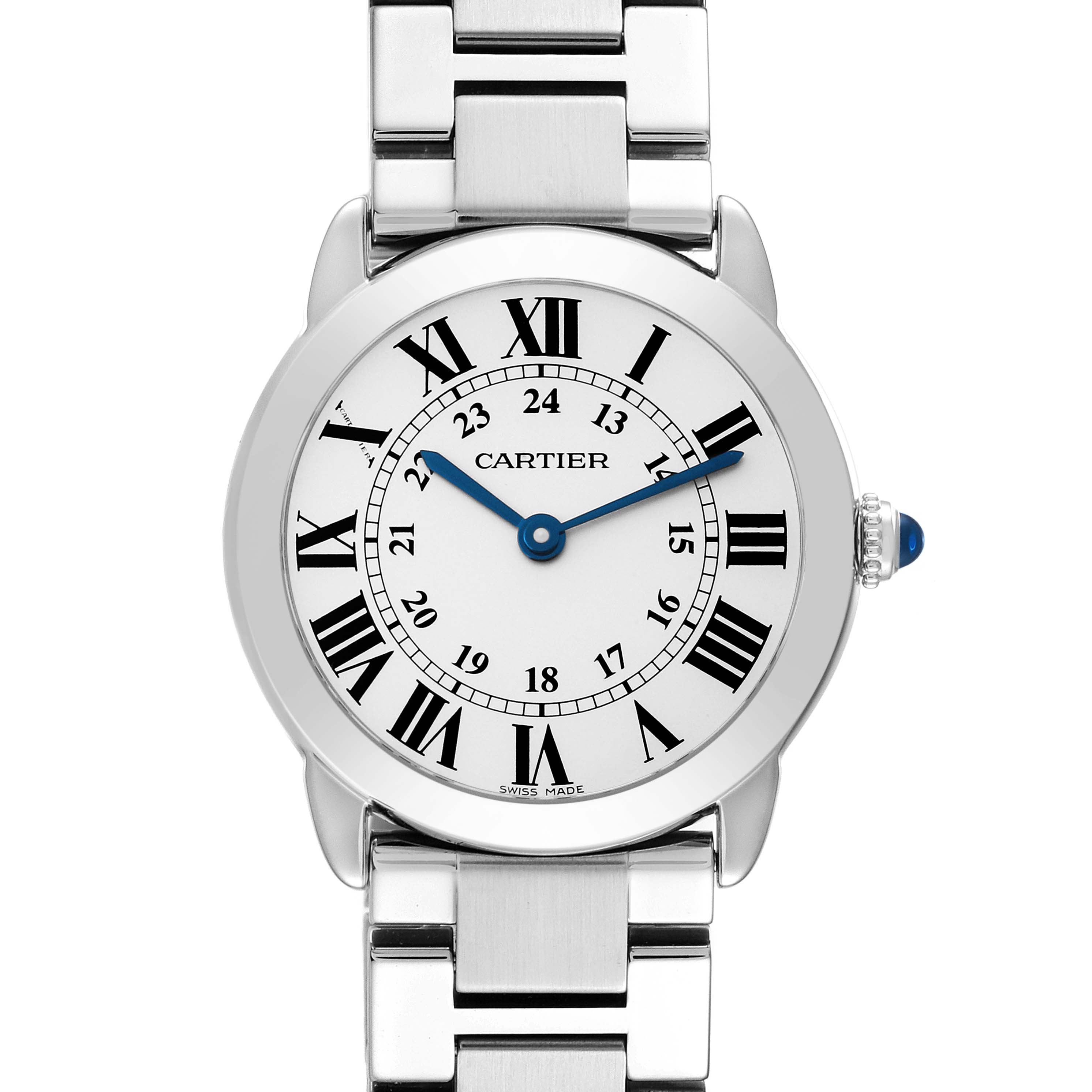 This image shows a front view of the Cartier Ronde W6701004 Women's Stainless Steel Silver Dial W6701004 Women's Stainless Steel Silver Dial watch, highlighting its face with Roman numerals, blue hands, and metal bracelet.