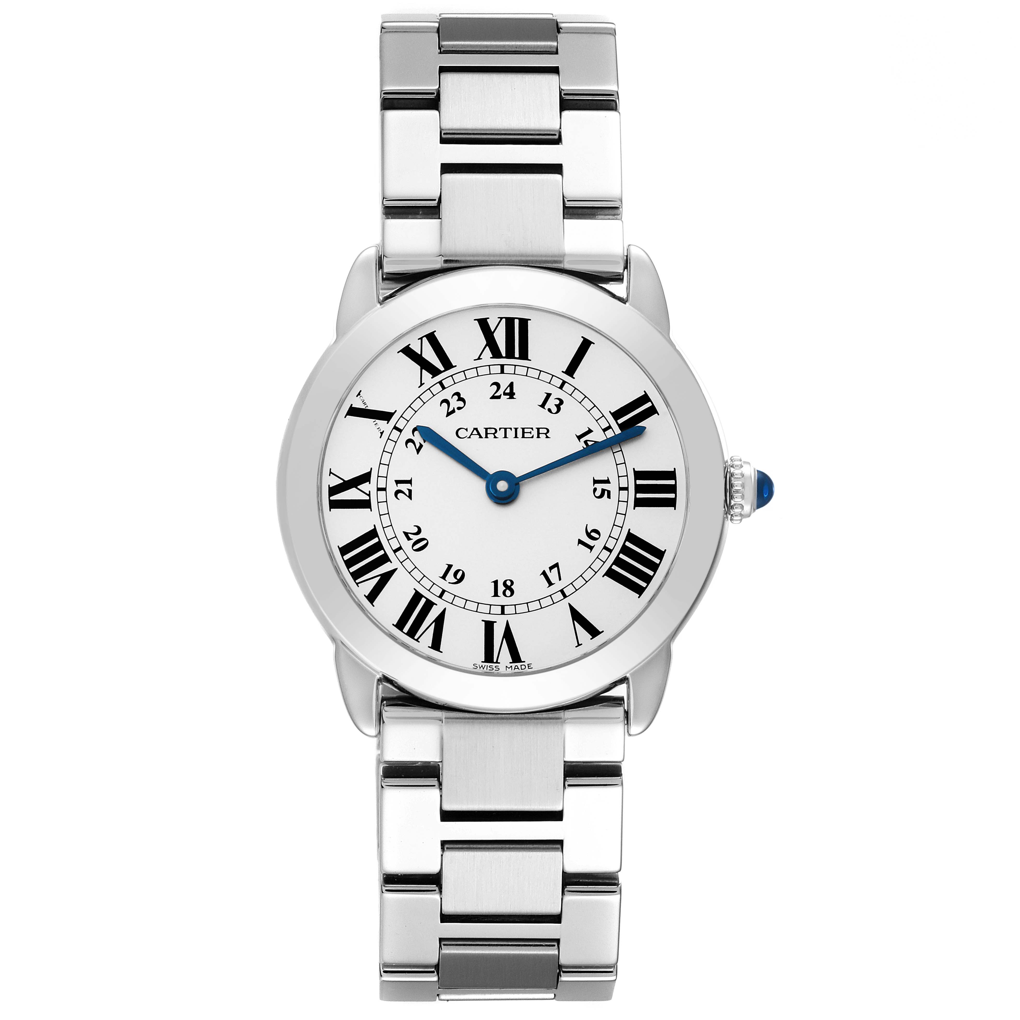 This image shows a front view of the Cartier Ronde W6701004 Women's Stainless Steel Silver Dial W6701004 Women's Stainless Steel Silver Dial watch, showcasing its face, hands, and metal bracelet.