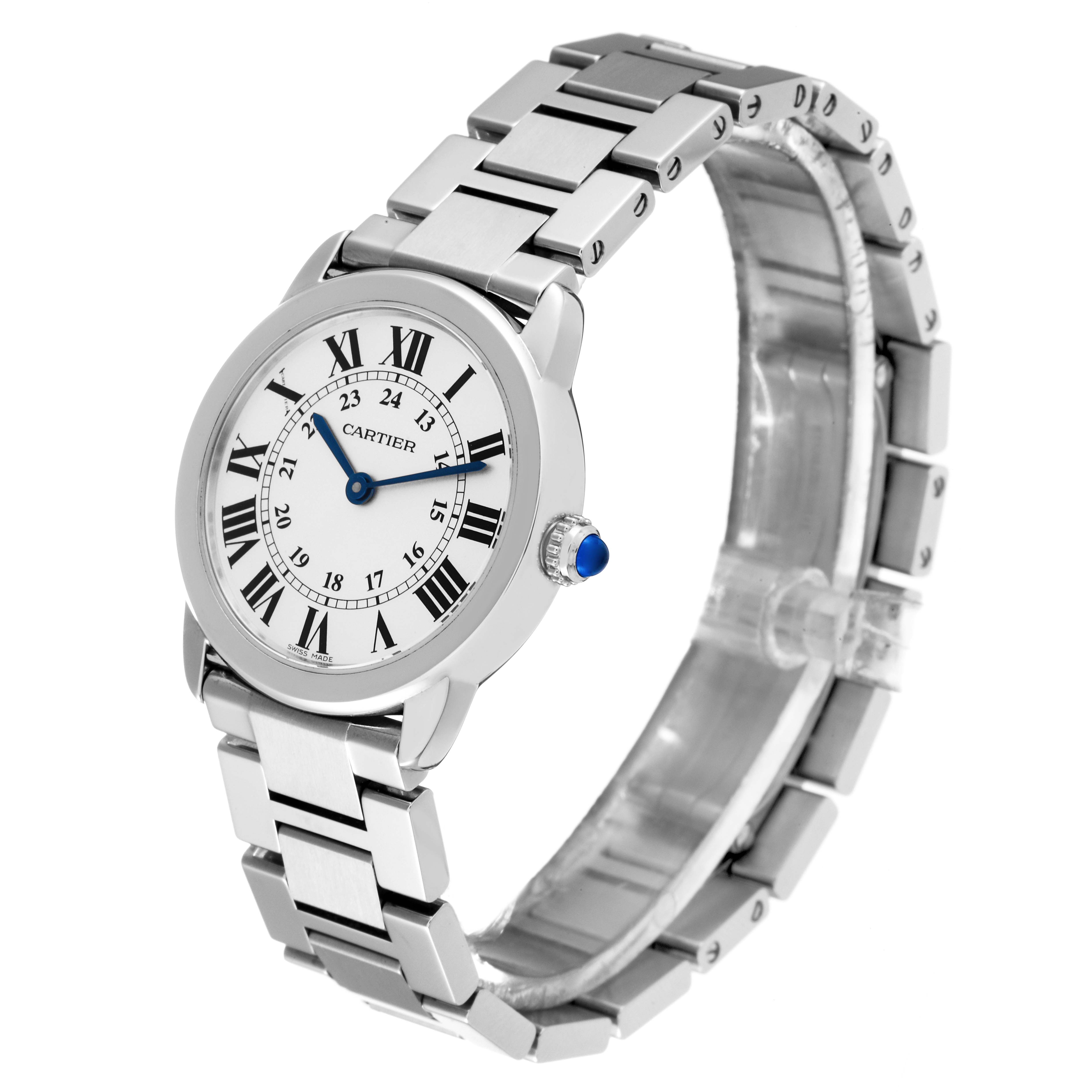 The Cartier Ronde W6701004 Women's Stainless Steel Silver Dial W6701004 Women's Stainless Steel Silver Dial watch is shown at a slight angle, displaying its Roman numeral dial, blue hands, and metal bracelet.