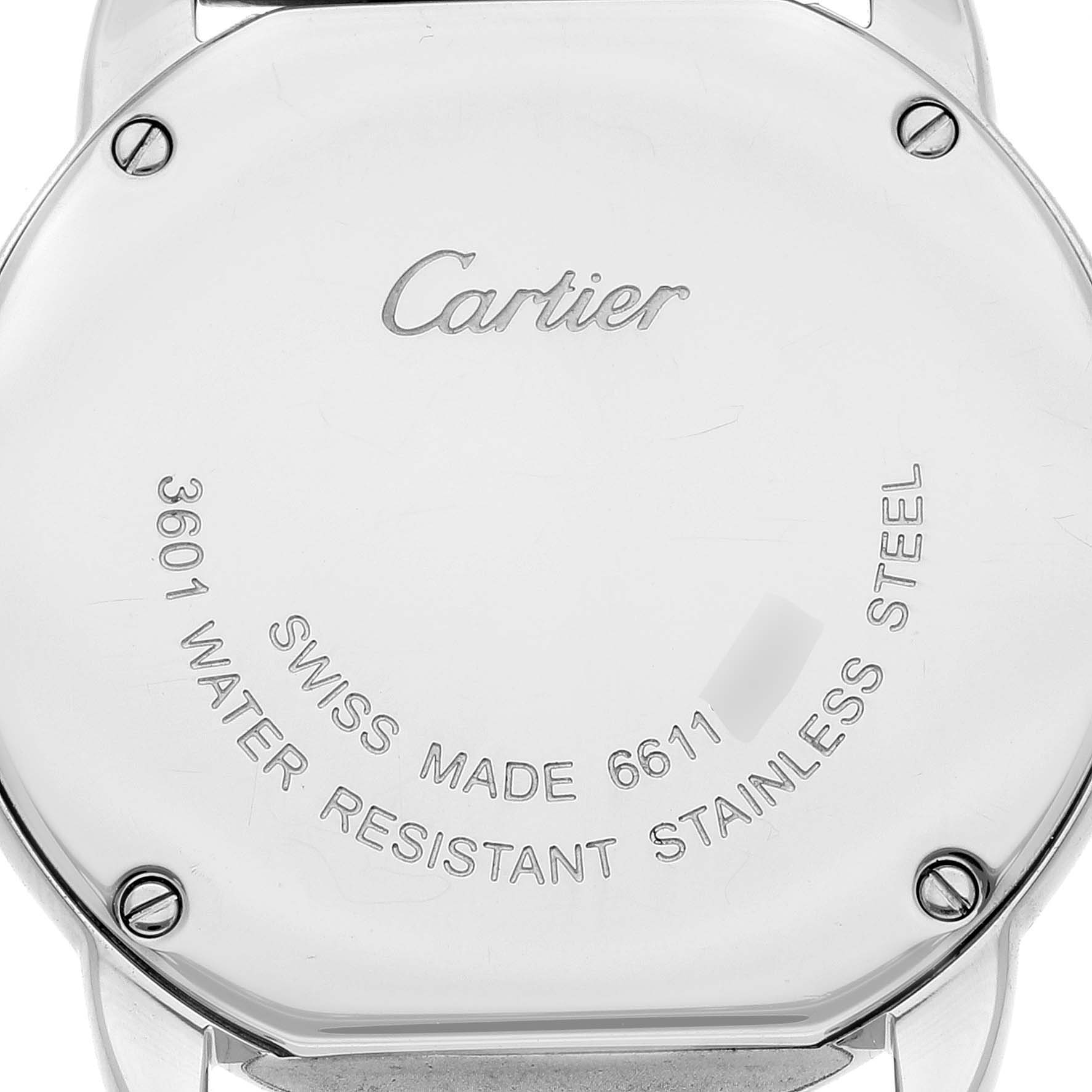The image shows the back case of the Ronde watch by Cartier, featuring engraved details and screws.