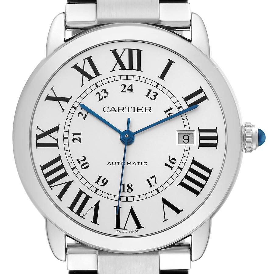 The Cartier Ronde watch is shown from a front view, displaying its dial, hands, Roman numerals, date window, and crown.