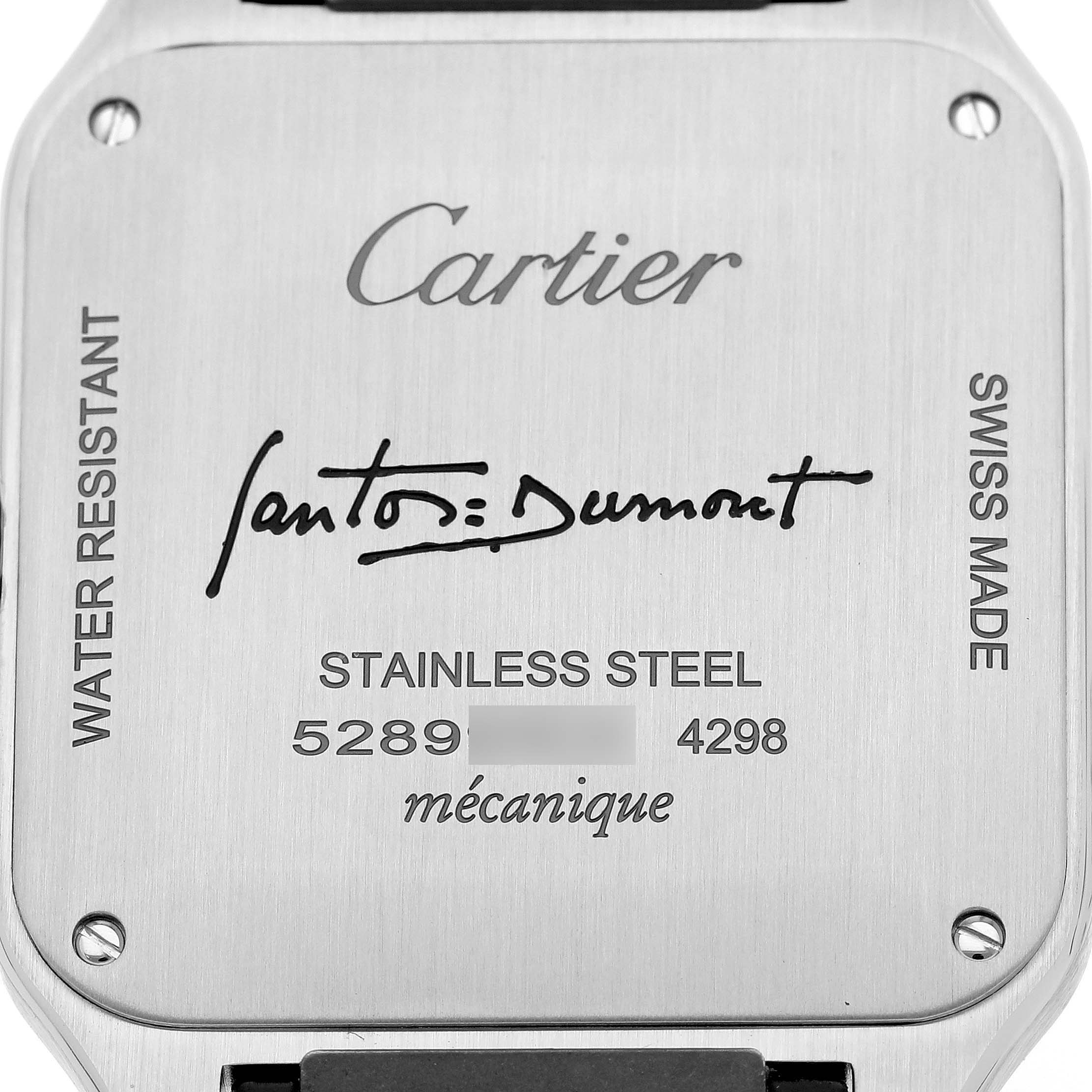 This image shows the back case of a Santos Dumont watch by Cartier, highlighting branding and model information.