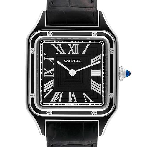 Photo of Cartier Santos Dumont Large Black Strap Steel Mens Watch WSSA0046 Unworn