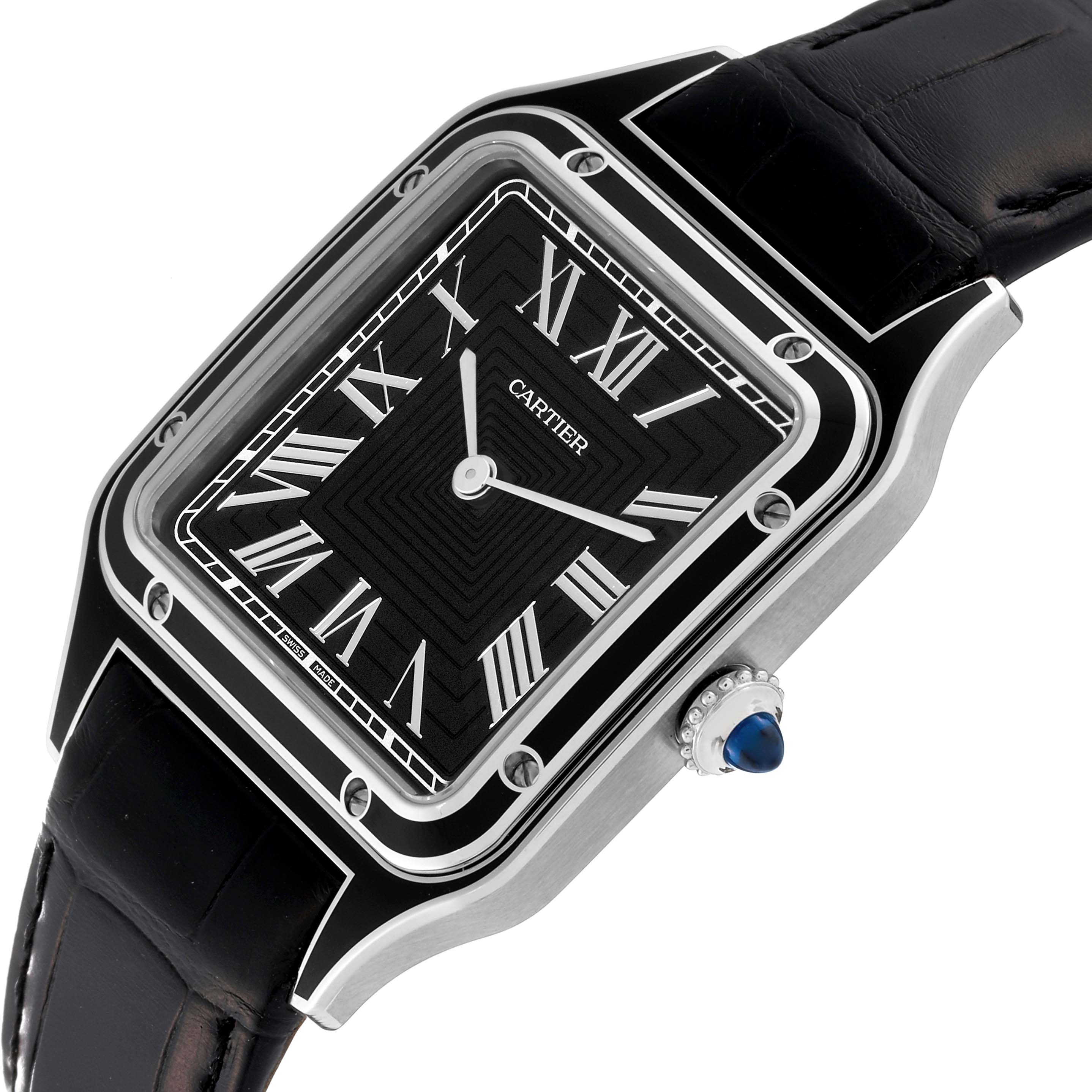 The image shows a Cartier Santos Dumont WSSA0046 Men's Stainless Steel Black Dial WSSA0046 Men's Stainless Steel Black Dial watch at a slight angle, highlighting the face, case, crown, and part of the leather strap.