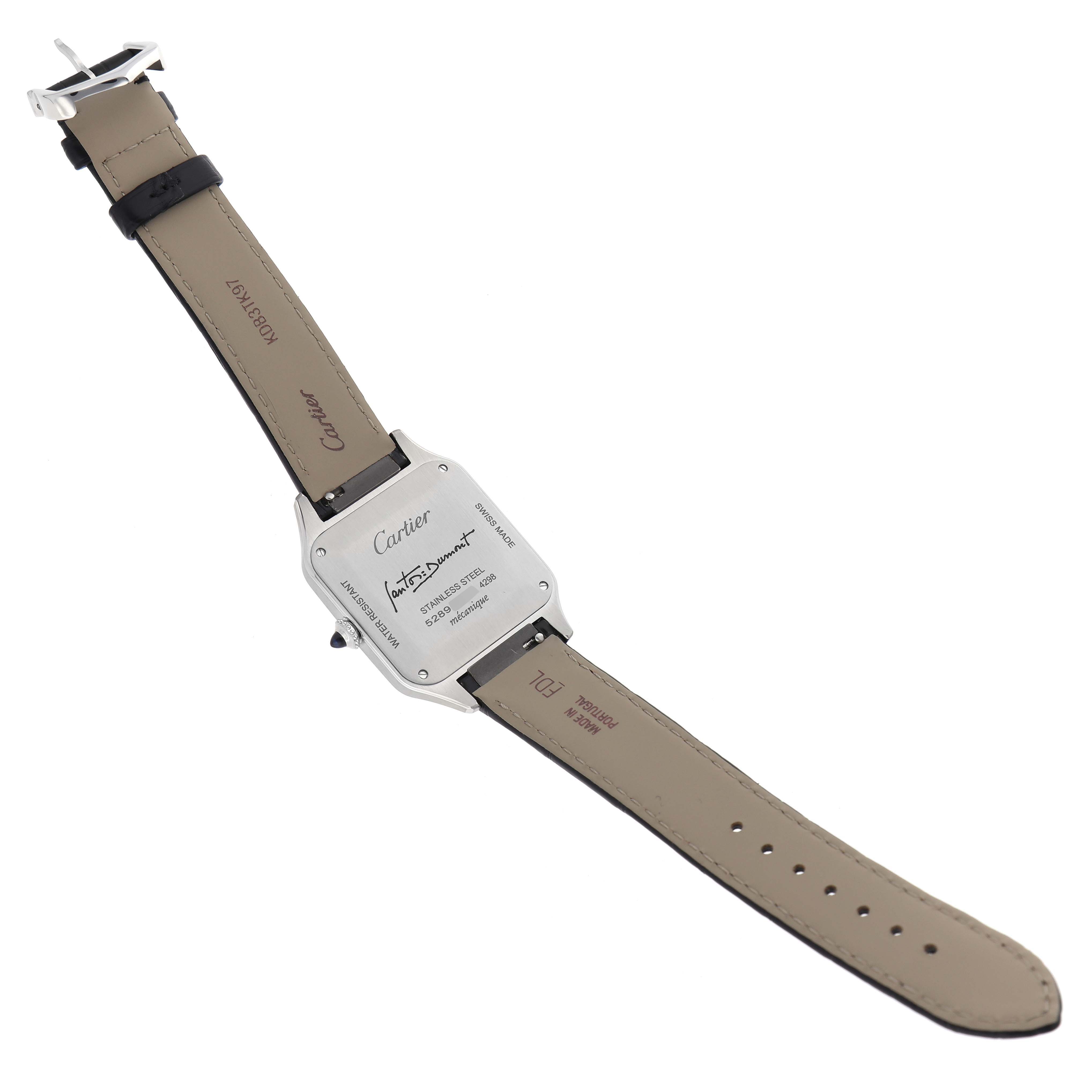This image shows the back side of the Cartier Santos Dumont WSSA0046 Men's Stainless Steel Black Dial WSSA0046 Men's Stainless Steel Black Dial model watch, displaying the case back and leather straps.