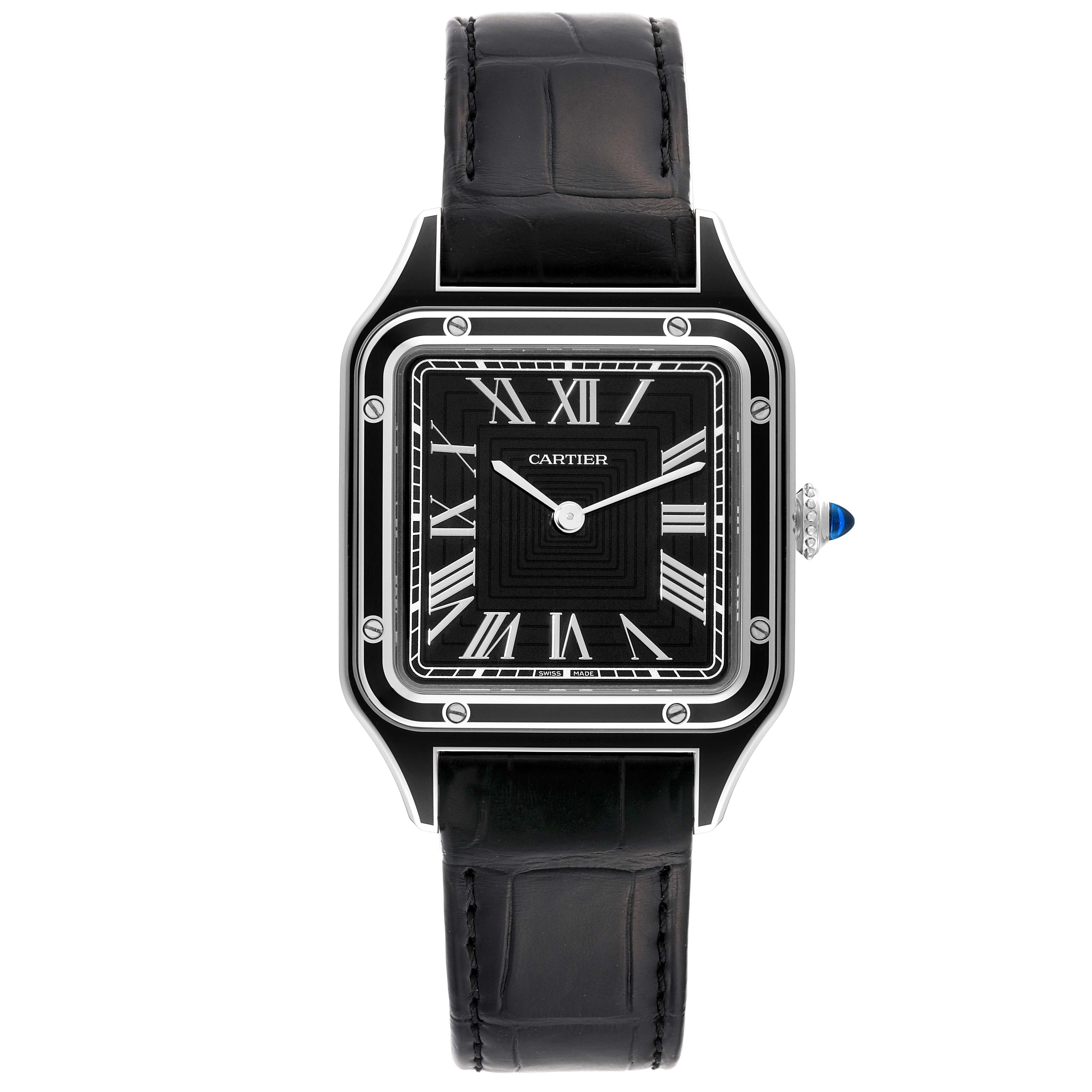 The image shows a front view of the Santos Dumont model by Cartier, highlighting the dial, case, and black leather strap.