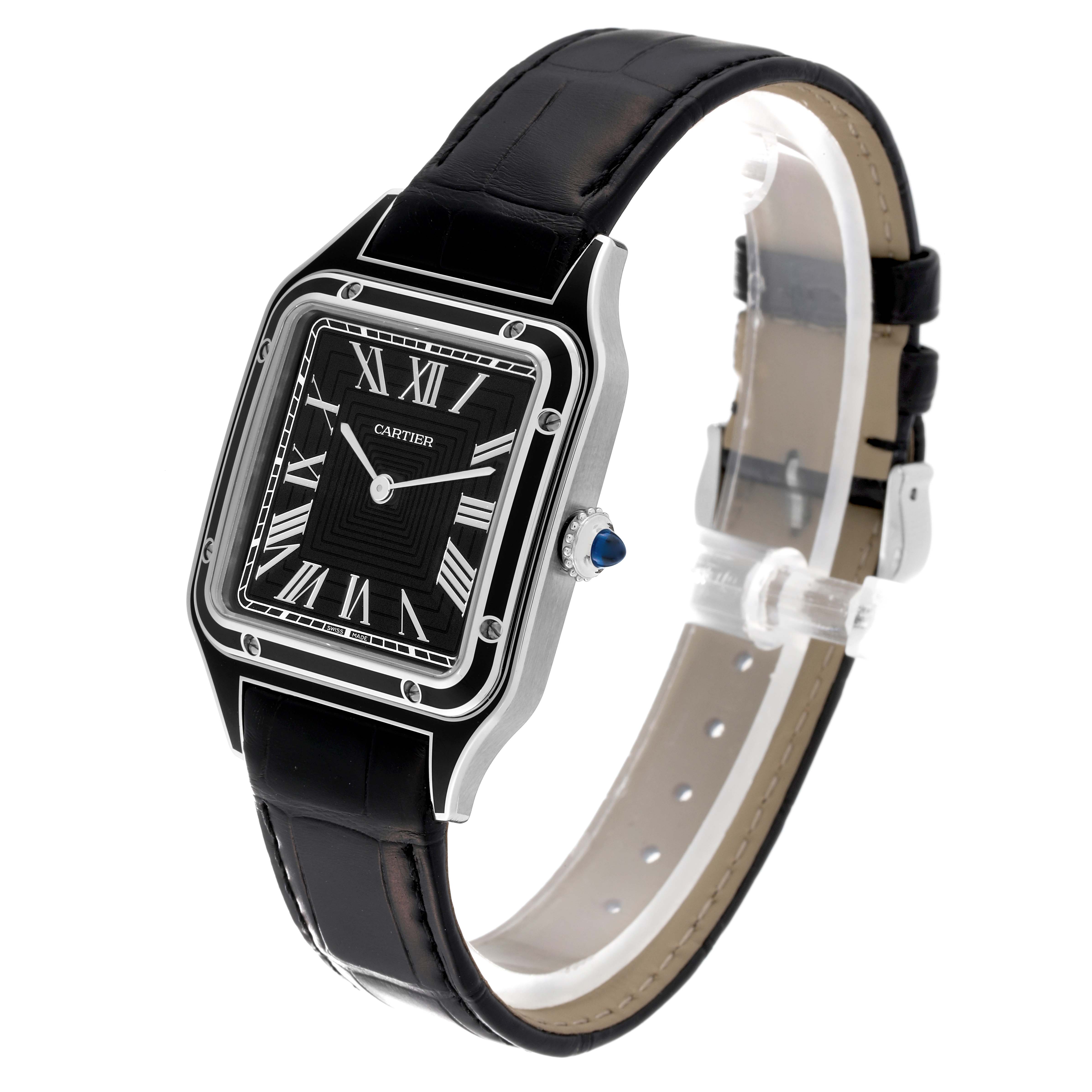 The image shows a Cartier Santos Dumont WSSA0046 Men's Stainless Steel Black Dial WSSA0046 Men's Stainless Steel Black Dial watch at an angle displaying the face, crown, bezel, and part of the leather strap.