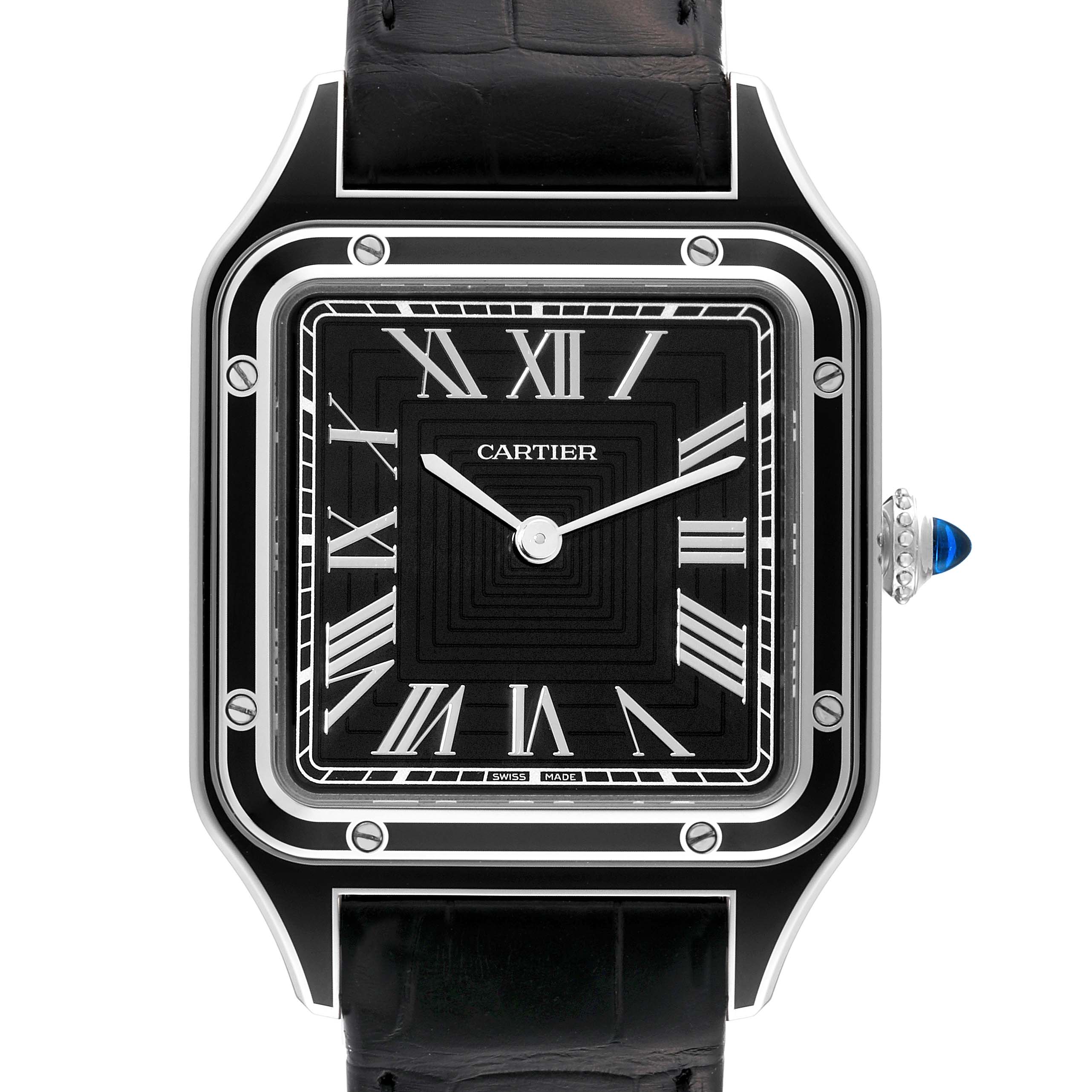 The image shows a frontal view of the Cartier Santos Dumont WSSA0046 Men's Stainless Steel Black Dial WSSA0046 Men's Stainless Steel Black Dial watch, highlighting its black dial, Roman numerals, and leather strap.