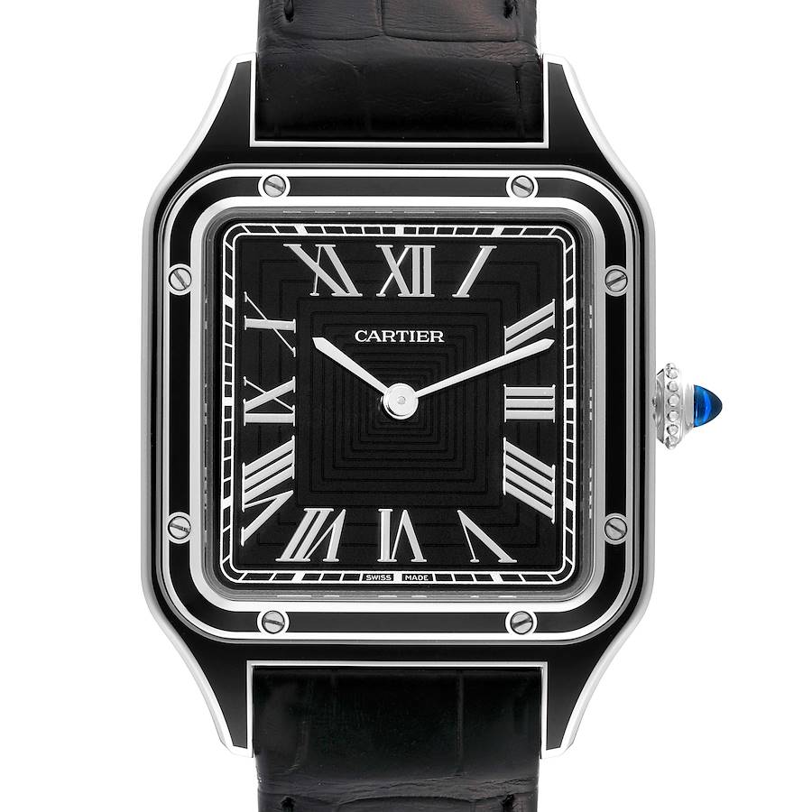 Cartier Santos Dumont Large Black Strap Steel Mens Watch WSSA0046 Unworn SwissWatchExpo