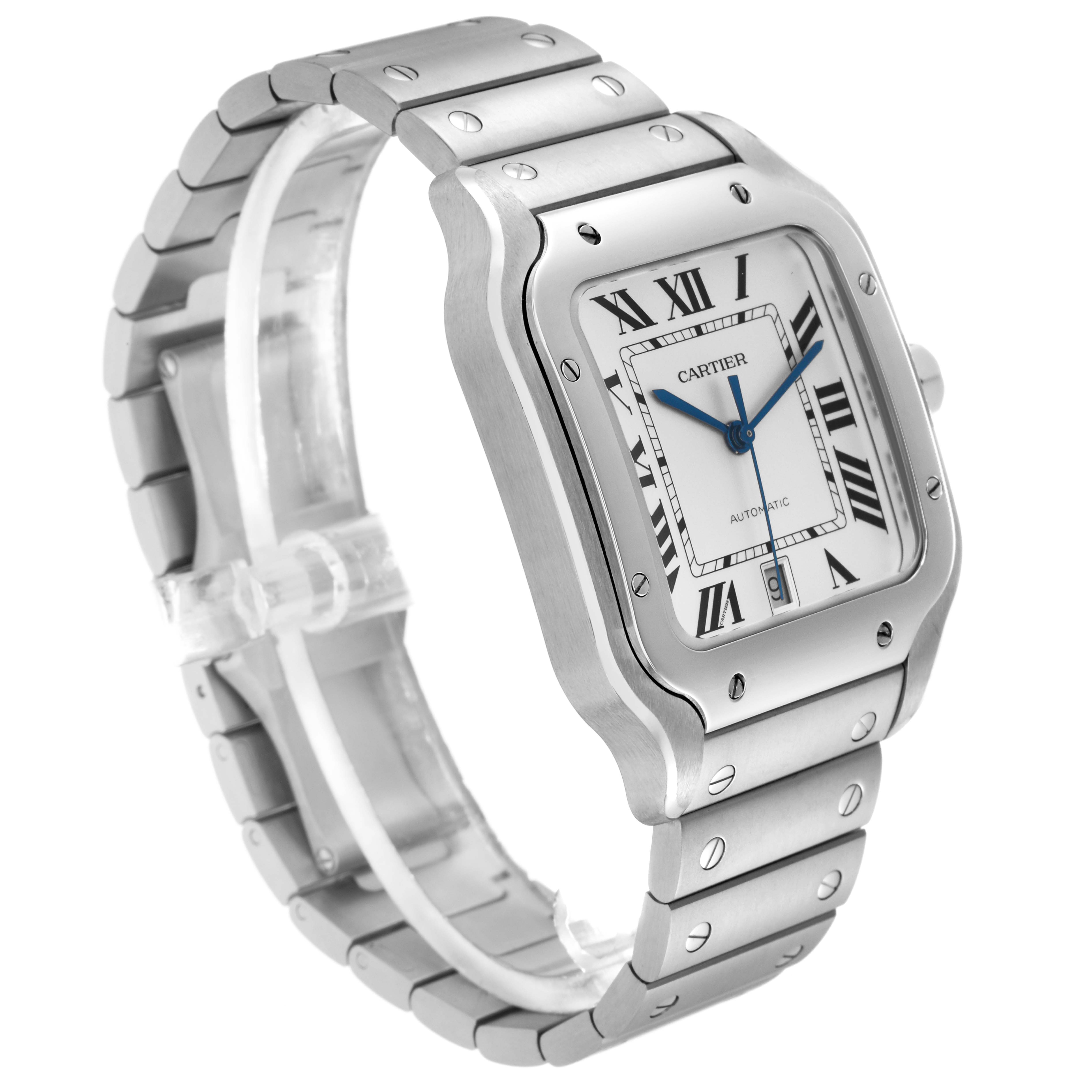 The Cartier Santos WSSA0018 Men
s Stainless Steel Silver Dial WSSA0018 Men
s Stainless Steel Silver Dial watch is shown at a three-quarter angle displaying the face, case, bezel, and bracelet clearly.