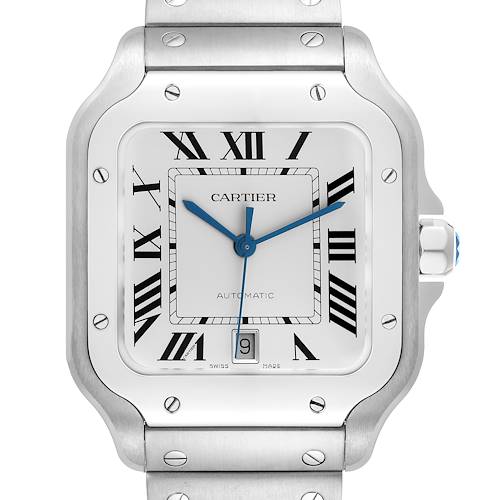 The Cartier Santos watch is shown from a front angle, highlighting the dial, bezel, and part of the bracelet.