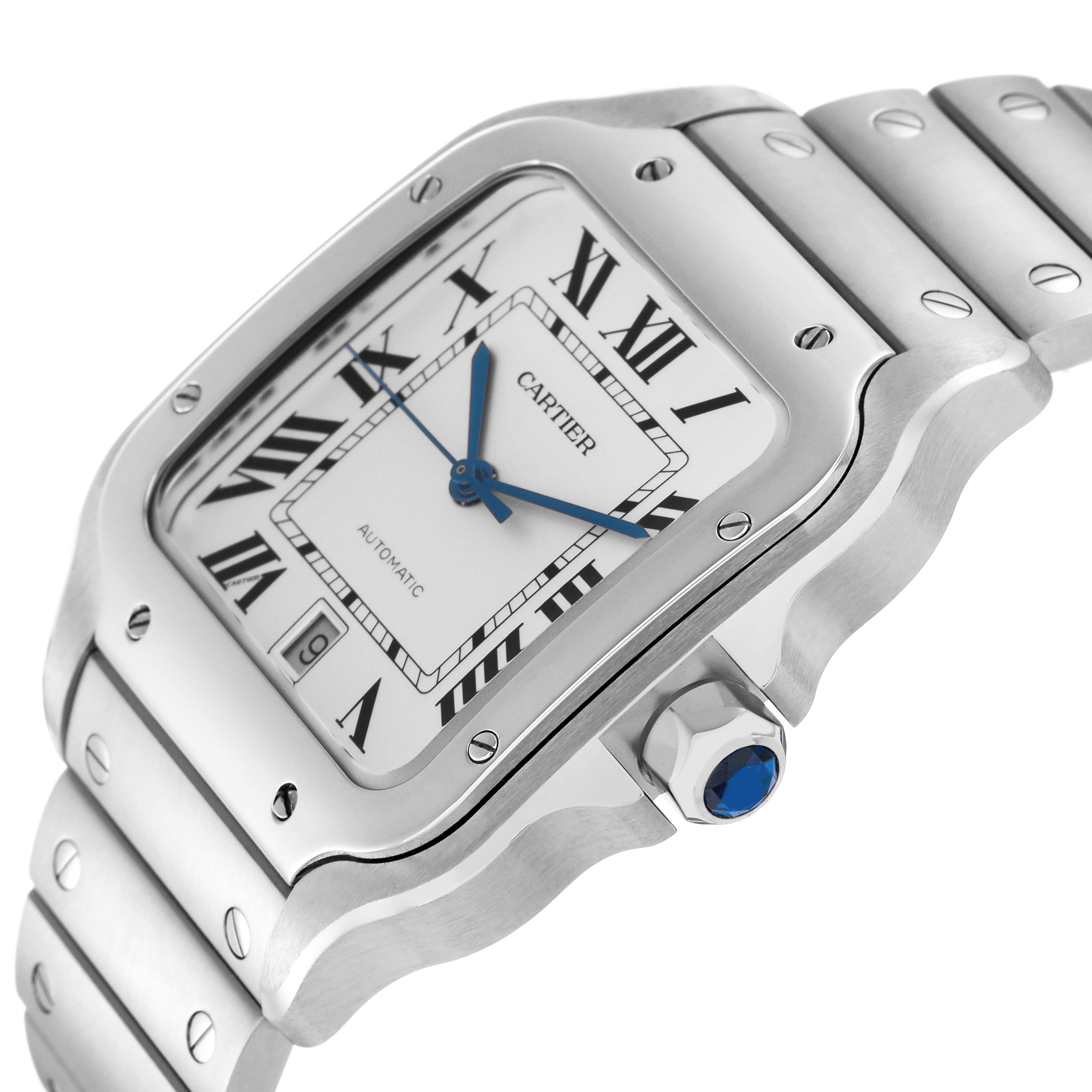 The Cartier Santos WSSA0018 Men
s Stainless Steel Silver Dial WSSA0018 Men
s Stainless Steel Silver Dial watch is shown at an angle highlighting the case, bezel, dial, and bracelet.