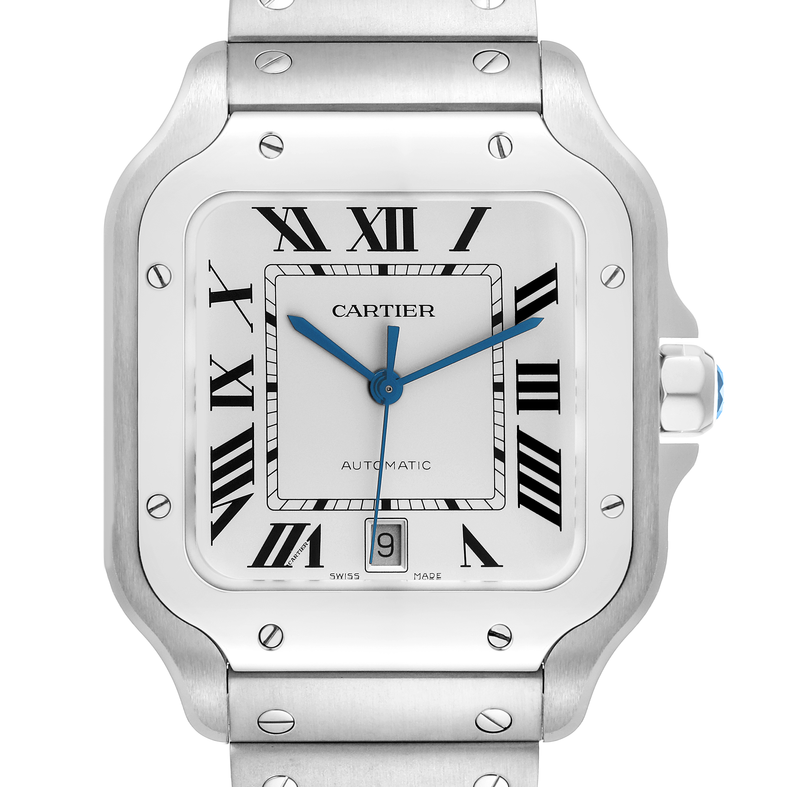 The Cartier Santos WSSA0018 Men
s Stainless Steel Silver Dial WSSA0018 Men
s Stainless Steel Silver Dial watch is shown from a front angle, highlighting its face, bezel, and part of the bracelet.
