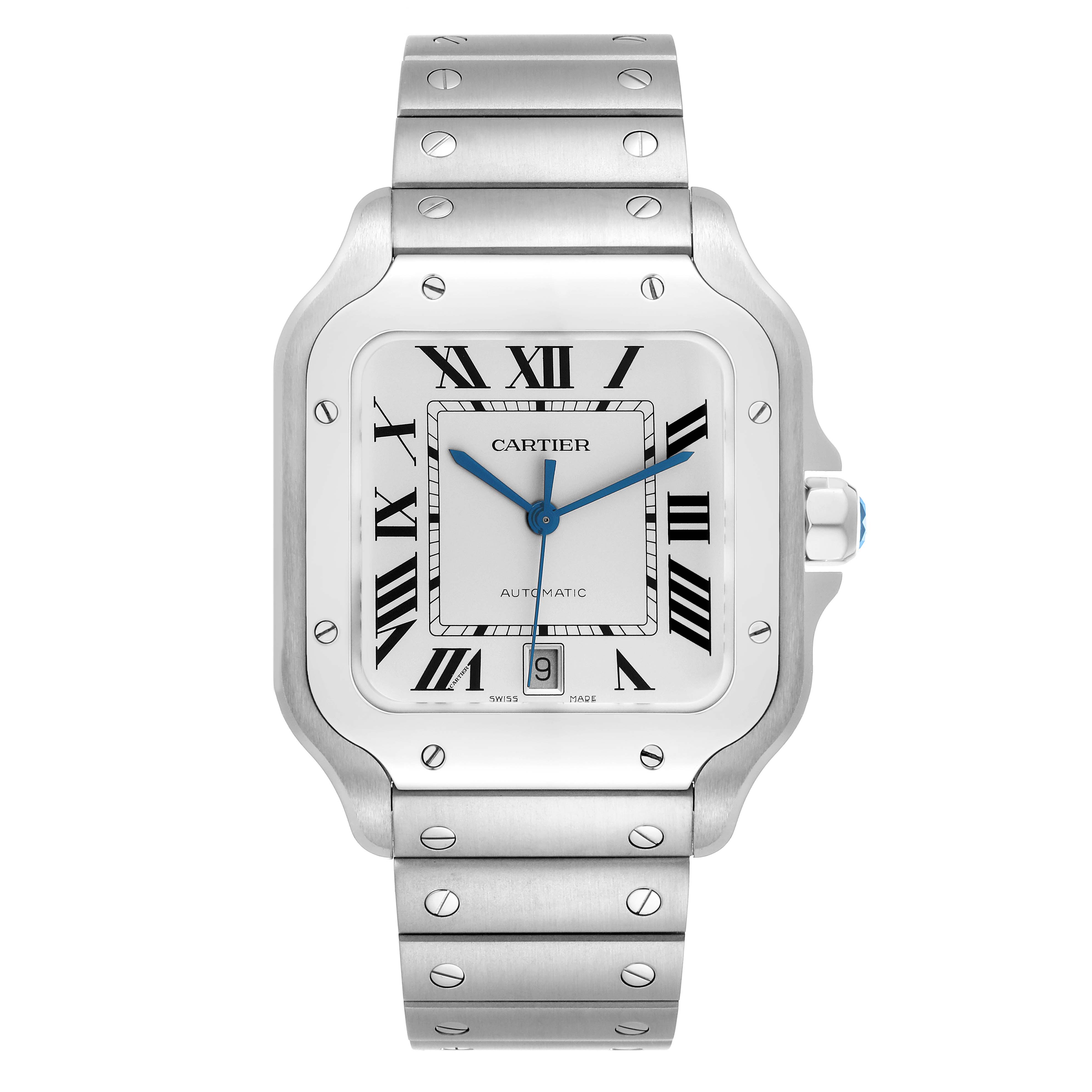The Cartier Santos WSSA0018 Men
s Stainless Steel Silver Dial WSSA0018 Men
s Stainless Steel Silver Dial watch is shown from the front, displaying its face, bezel, and full bracelet.