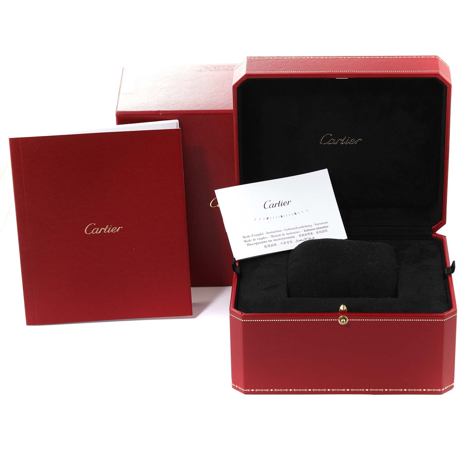 The image shows the packaging, box, and certificate for a Cartier Santos WJSA0007 Men's Rose Gold Silver Dial WJSA0007 Men's Rose Gold Silver Dial watch, all in red with the Cartier logo.