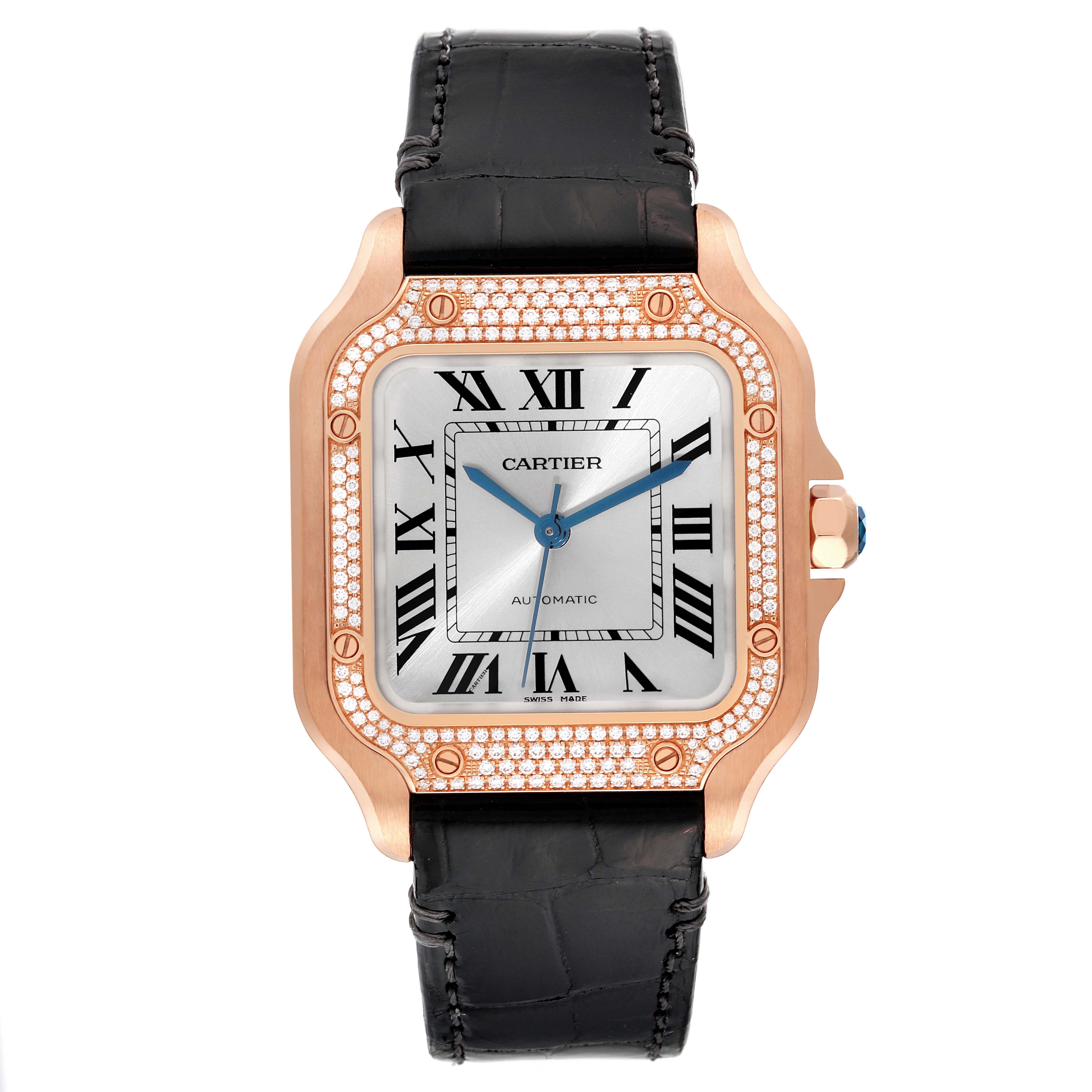 The image shows a Cartier Santos WJSA0007 Men's Rose Gold Silver Dial WJSA0007 Men's Rose Gold Silver Dial watch from a front angle, featuring a rose gold case, diamond bezel, black leather strap, and blue hands.