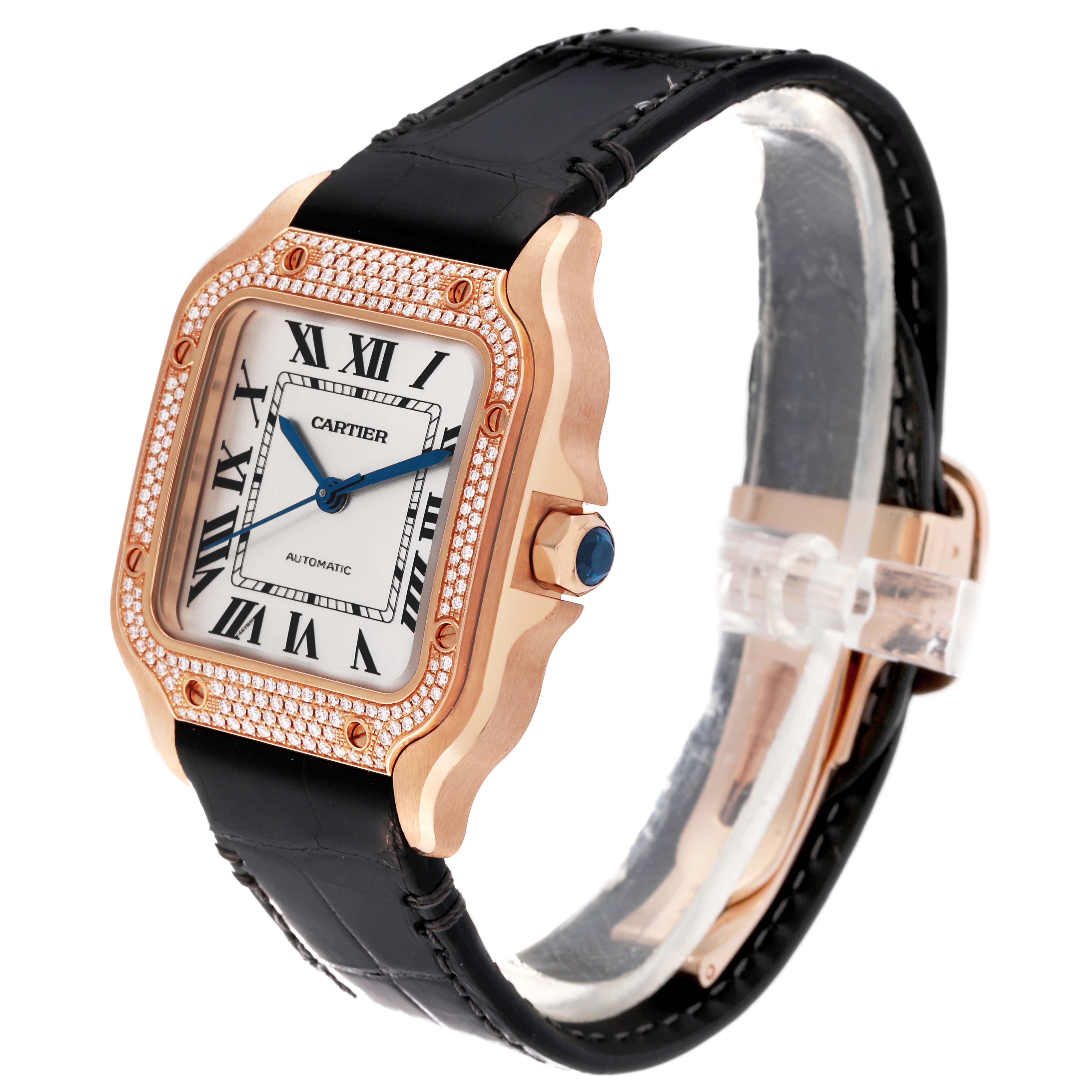 This Cartier Santos WJSA0007 Men's Rose Gold Silver Dial WJSA0007 Men's Rose Gold Silver Dial model watch is shown at a three-quarter angle, highlighting its face, bezel, and black leather strap.
