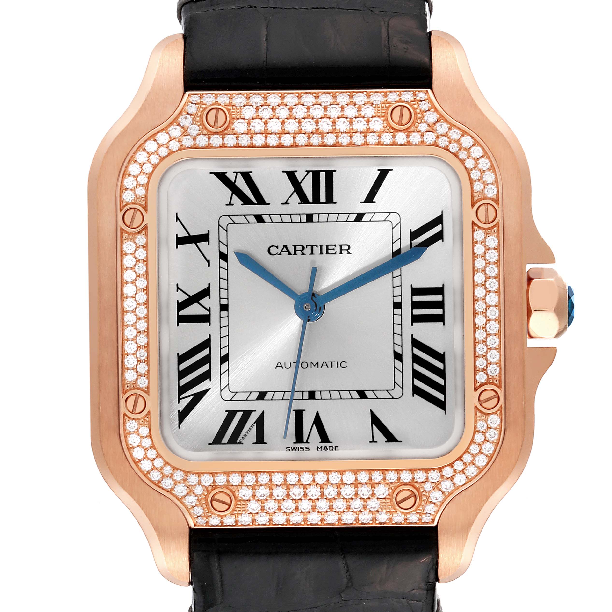 The Cartier Santos WJSA0007 Men's Rose Gold Silver Dial WJSA0007 Men's Rose Gold Silver Dial watch is shown from a straight-on angle, highlighting its diamond-set bezel, Roman numeral dial, and black leather strap.
