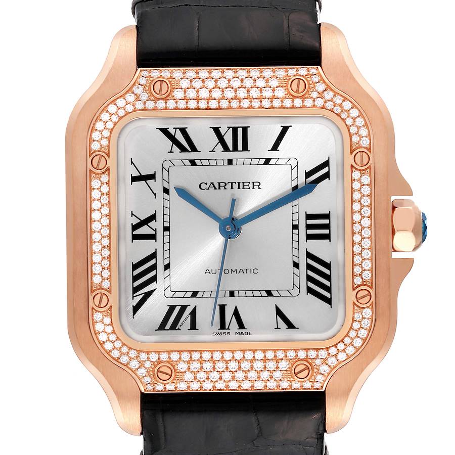 Cartier Santos Midsize Rose Gold Diamond Mens Watch WJSA0007 Box Papers SwissWatchExpo