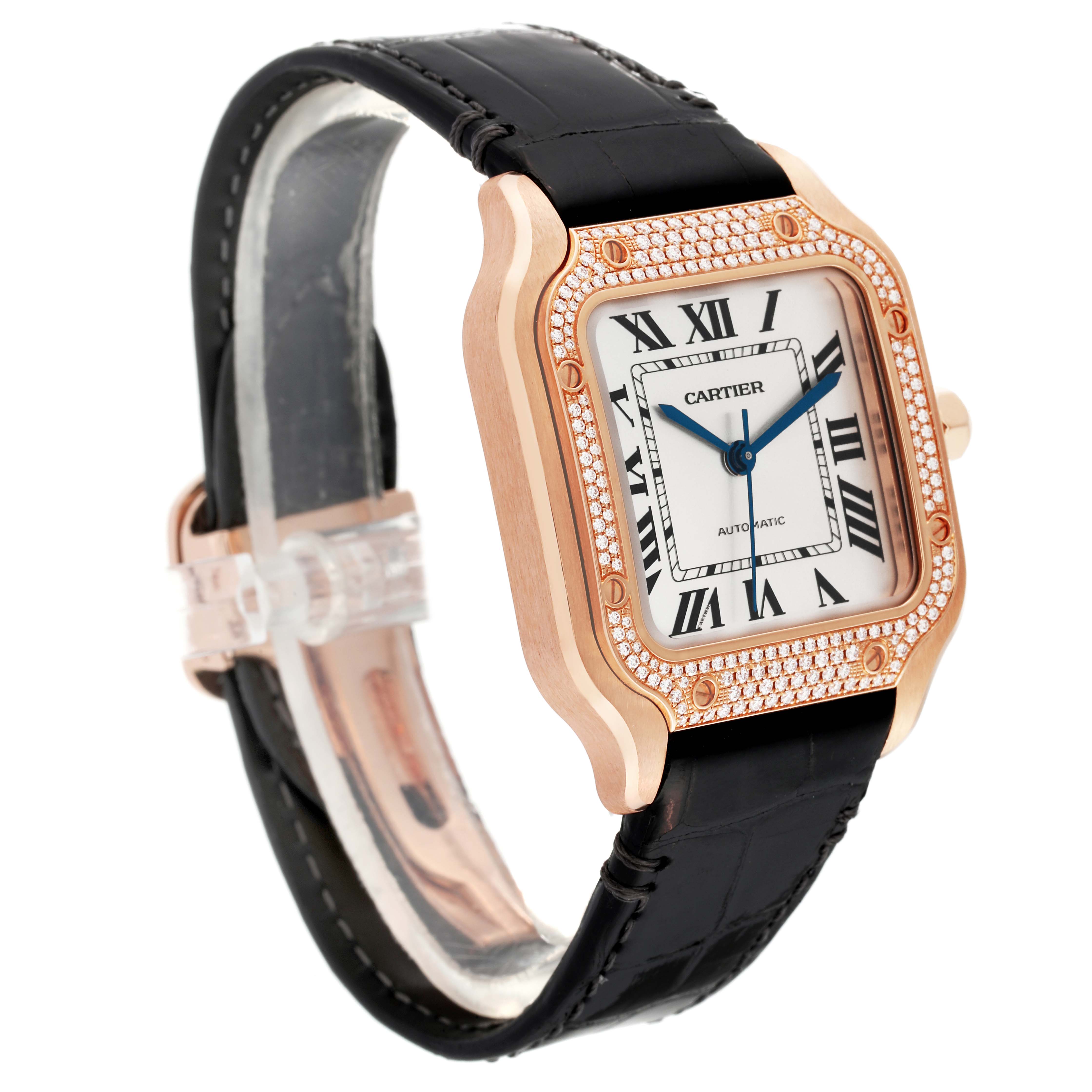 The image shows a Cartier Santos WJSA0007 Men's Rose Gold Silver Dial WJSA0007 Men's Rose Gold Silver Dial watch at a three-quarter angle, highlighting its square dial, rose gold case, diamond bezel, and black leather strap.