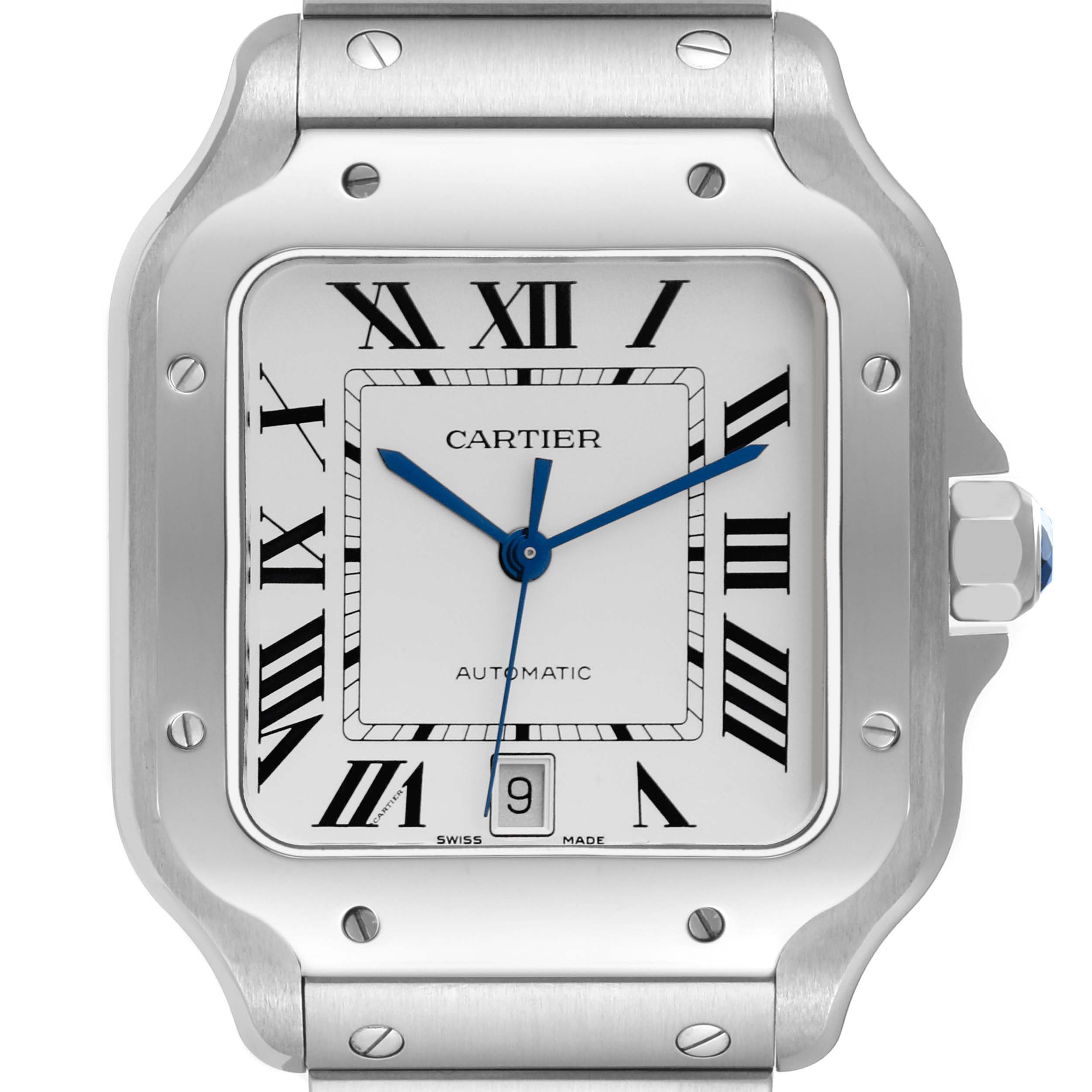 This image shows a close-up front view of the dial and part of the bracelet of a Cartier Santos WSSA0018 Men's Stainless Steel White Dial WSSA0018 Men's Stainless Steel White Dial watch.