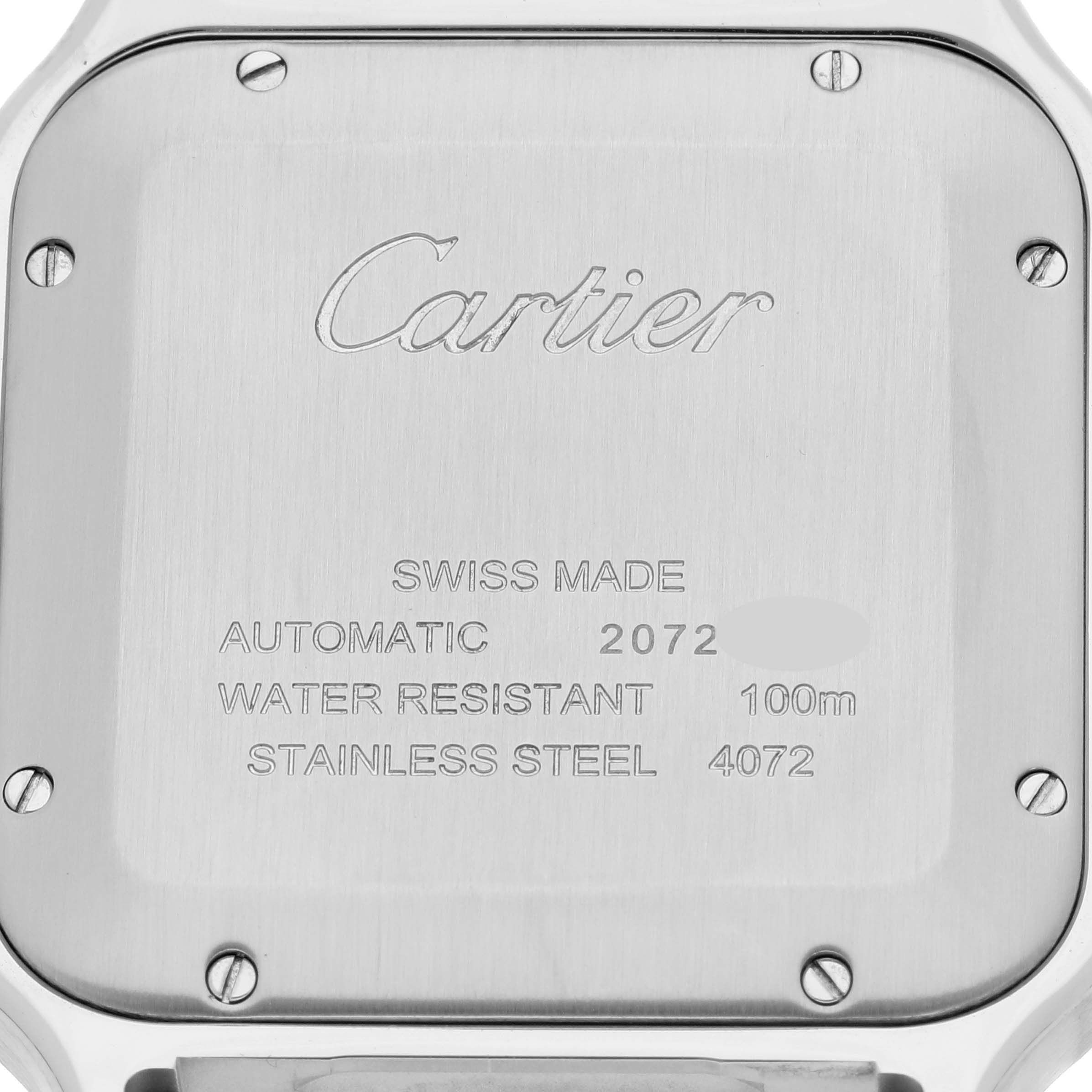 This is a close-up image showing the back case of a Cartier Santos WSSA0018 Men's Stainless Steel White Dial WSSA0018 Men's Stainless Steel White Dial watch, displaying engravings and screws.