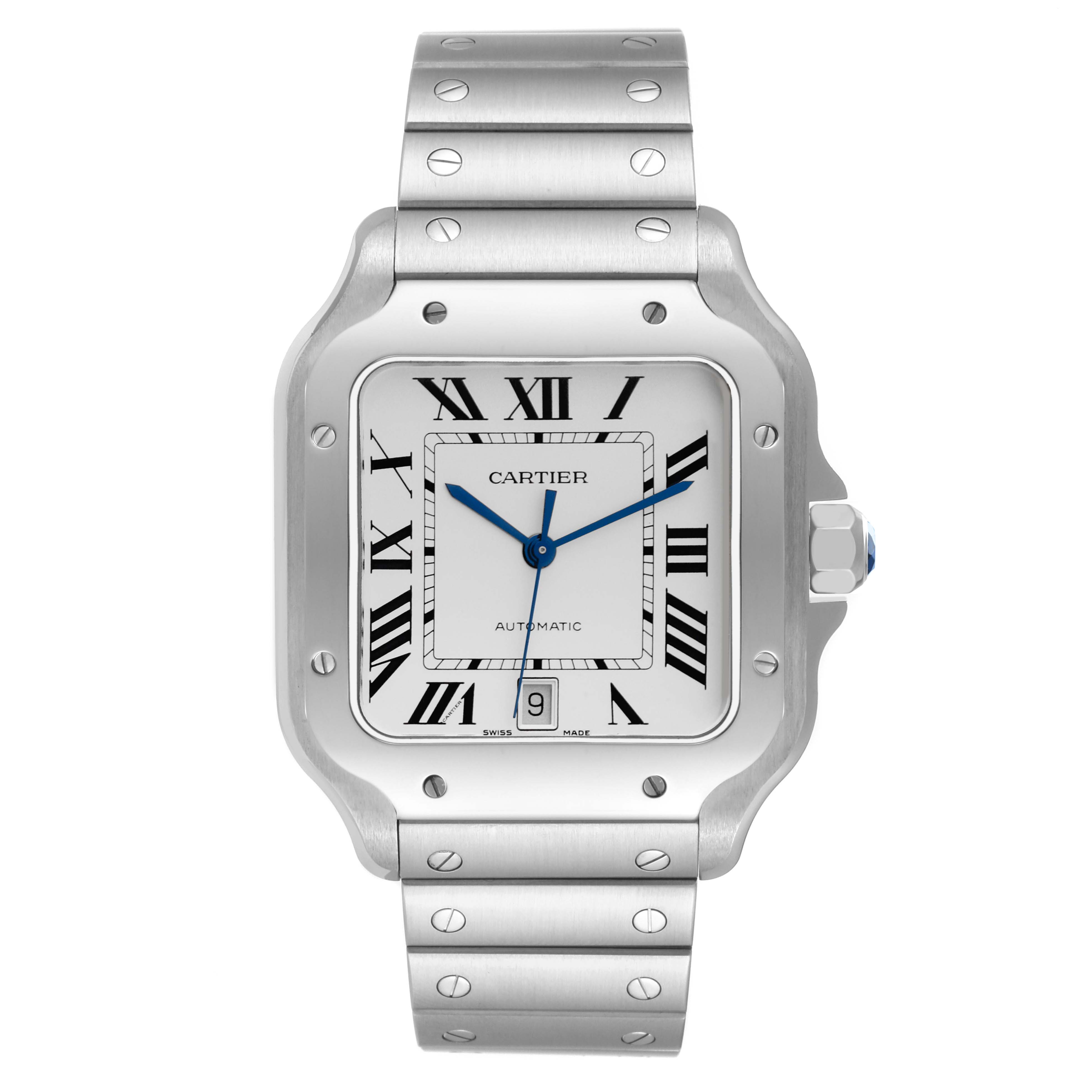 The image shows a front view of a Cartier Santos WSSA0018 Men's Stainless Steel White Dial WSSA0018 Men's Stainless Steel White Dial watch, displaying its square face, Roman numerals, and metal bracelet.