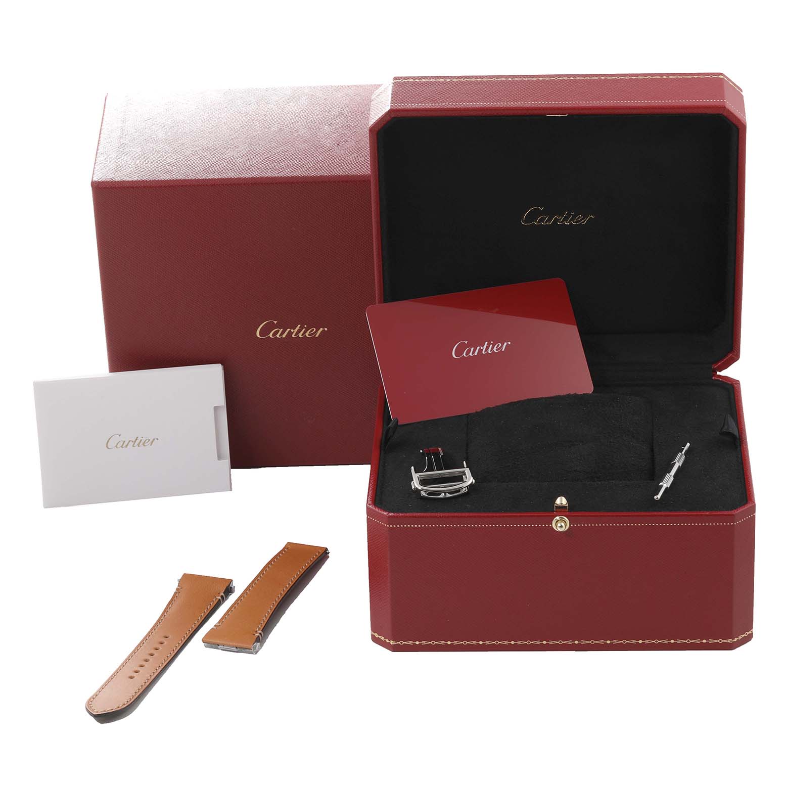This image shows the Cartier Santos WSSA0018 Men's Stainless Steel White Dial WSSA0018 Men's Stainless Steel White Dial model watch accessories, including straps, a tool, documentation, and an open red Cartier box.
