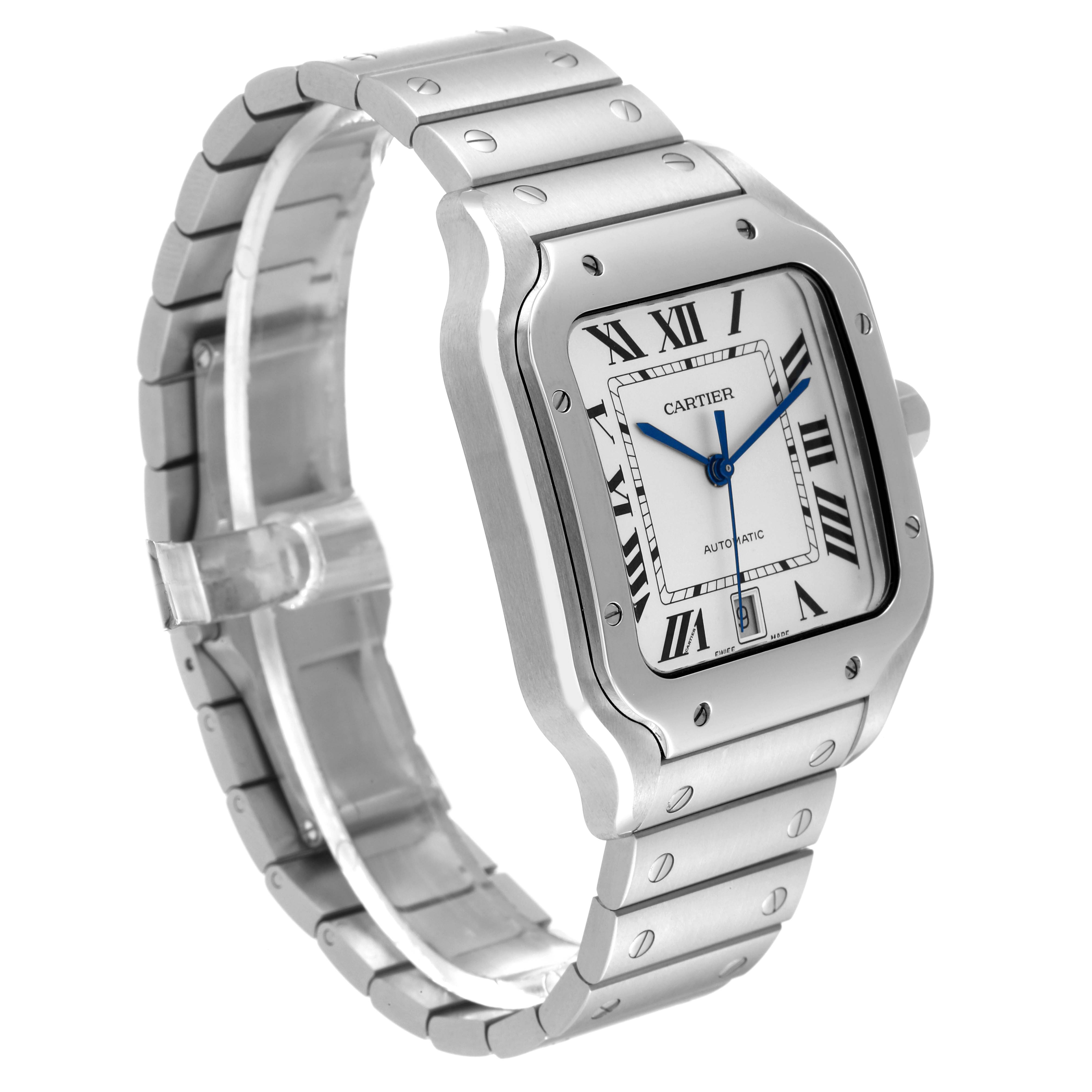 The image shows a side-angle view of a Santos model by Cartier, highlighting its square face, bezel, and stainless steel bracelet.