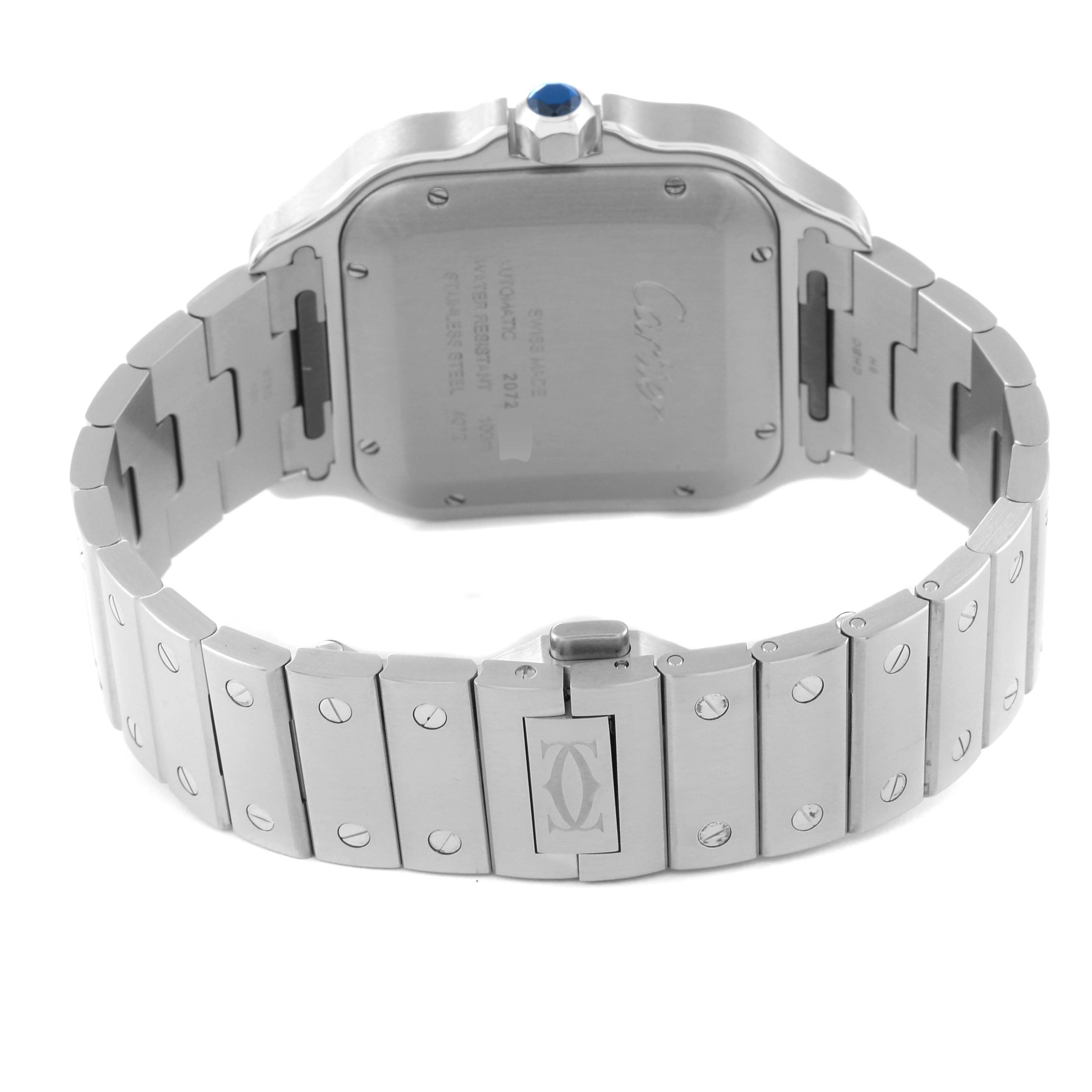 The image shows the back case and bracelet of a Santos model by Cartier, highlighting its stainless steel construction and clasp.