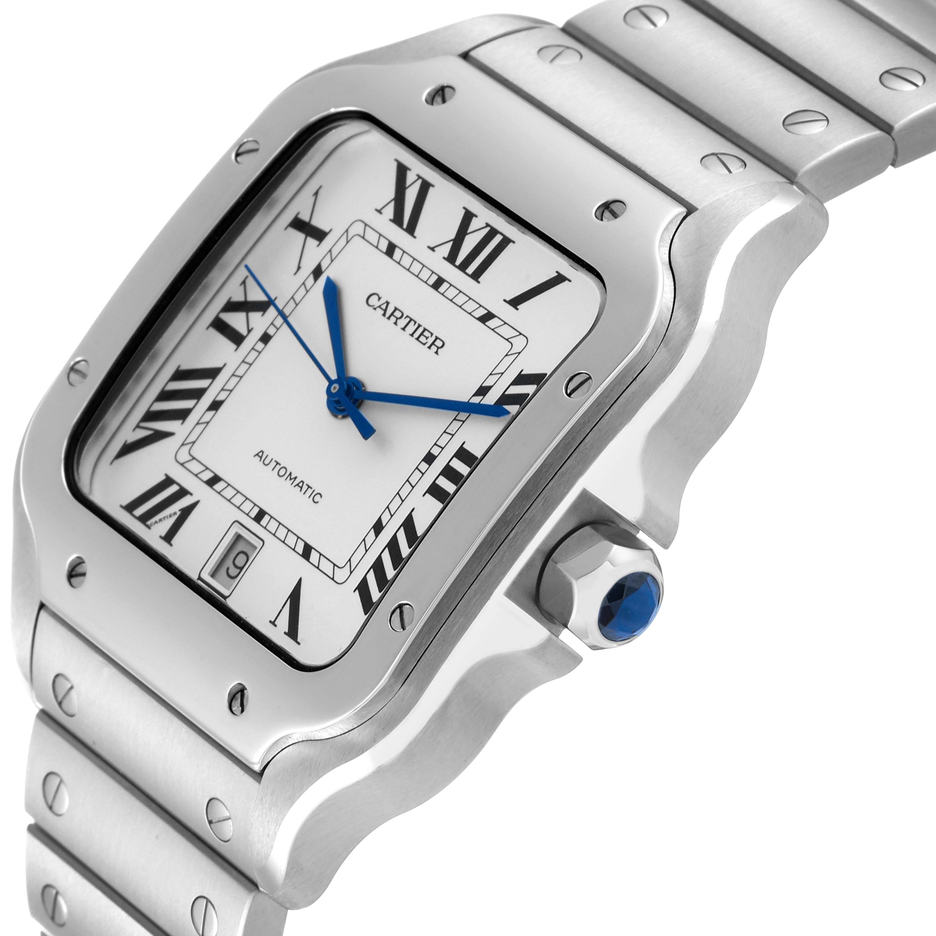 The image shows a close-up of the Cartier Santos WSSA0018 Men's Stainless Steel White Dial WSSA0018 Men's Stainless Steel White Dial watch, highlighting its face, bezel, and part of the bracelet from a side angle.