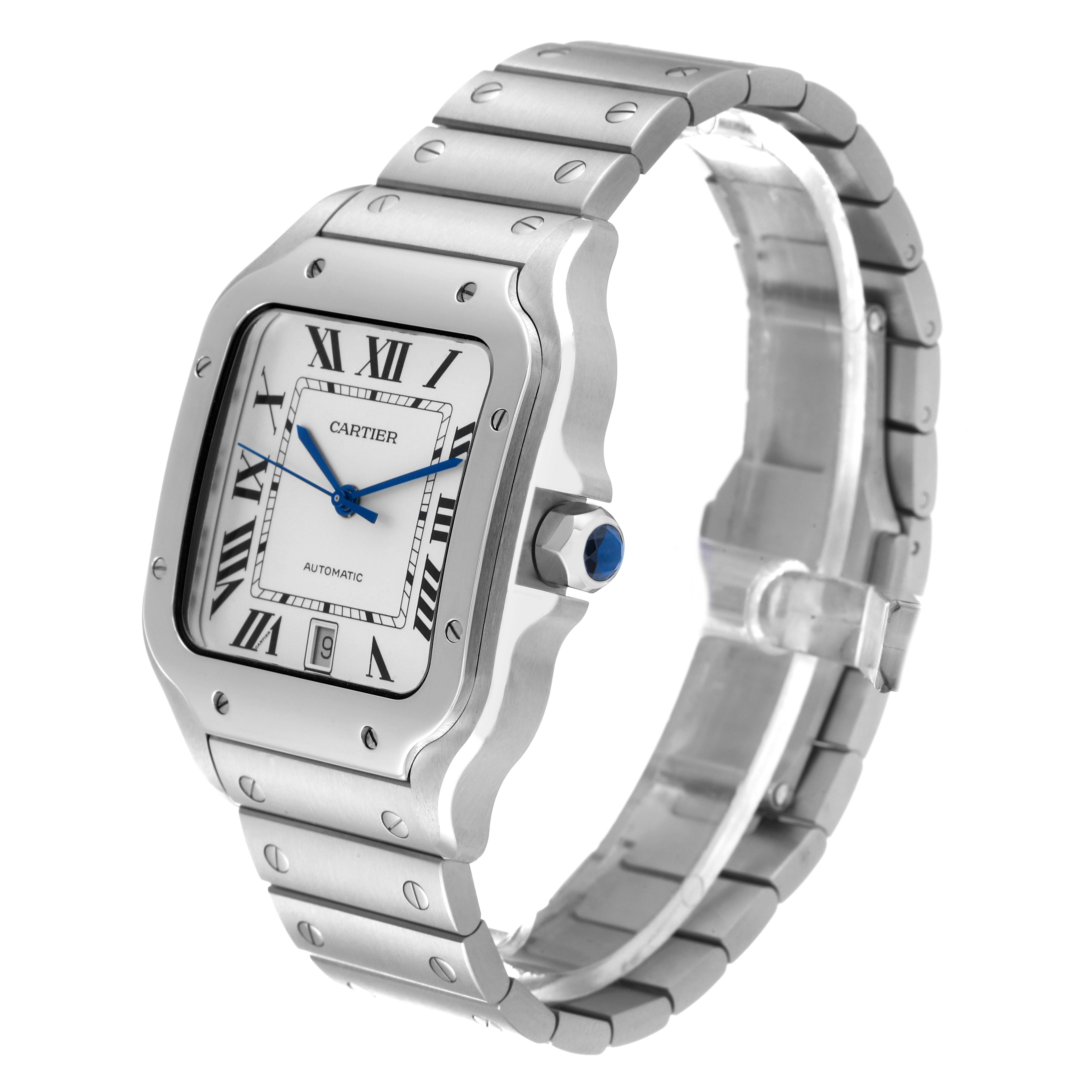 This image shows a Cartier Santos WSSA0018 Men's Stainless Steel White Dial WSSA0018 Men's Stainless Steel White Dial watch from an angled side view, highlighting the face, bezel, crown, and metal bracelet.