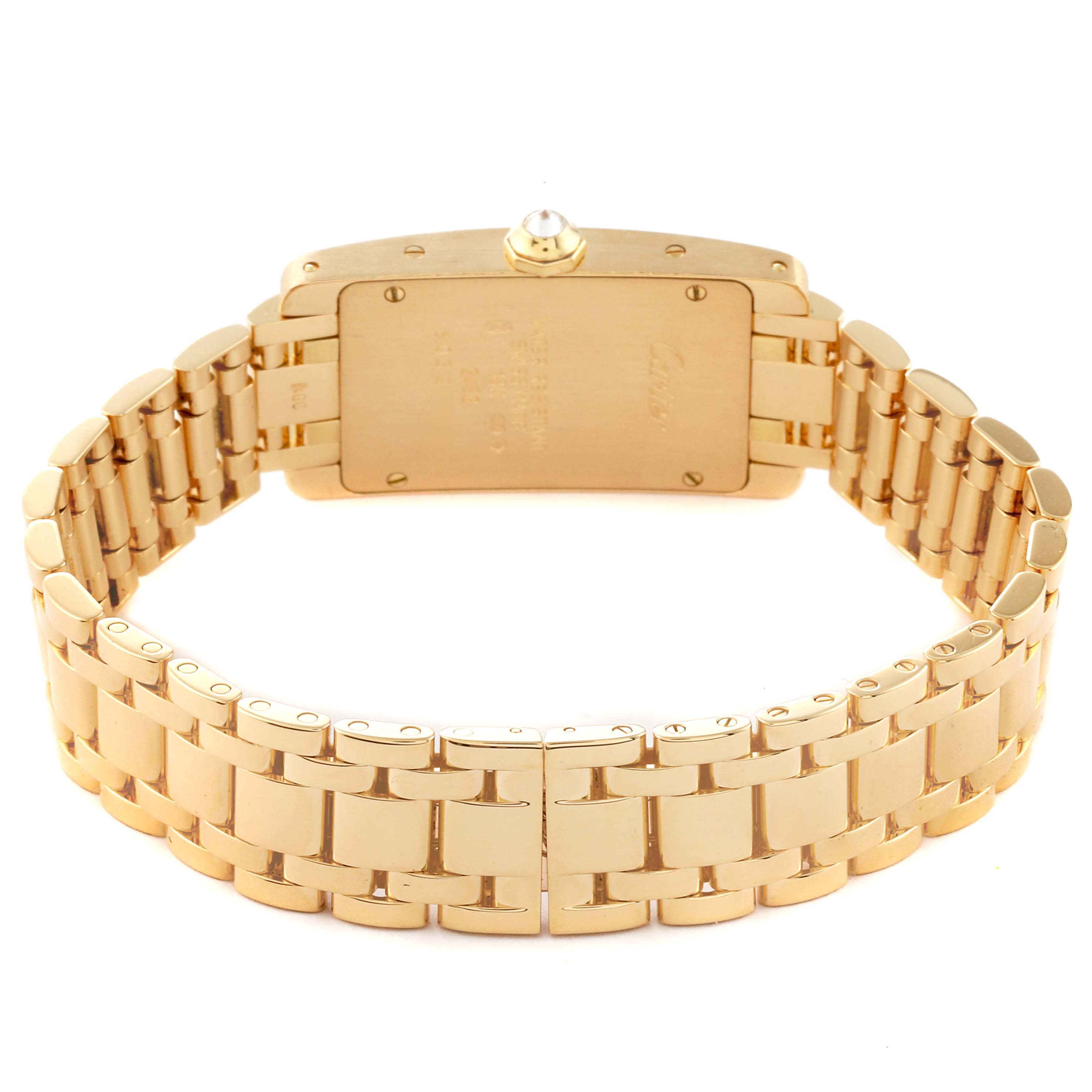 This image shows the back and bracelet of the Cartier Tank Americaine WB7012K2 Women's Yellow Gold Silver Dial WB7012K2 Women's Yellow Gold Silver Dial watch, highlighting the gold band and clasp.