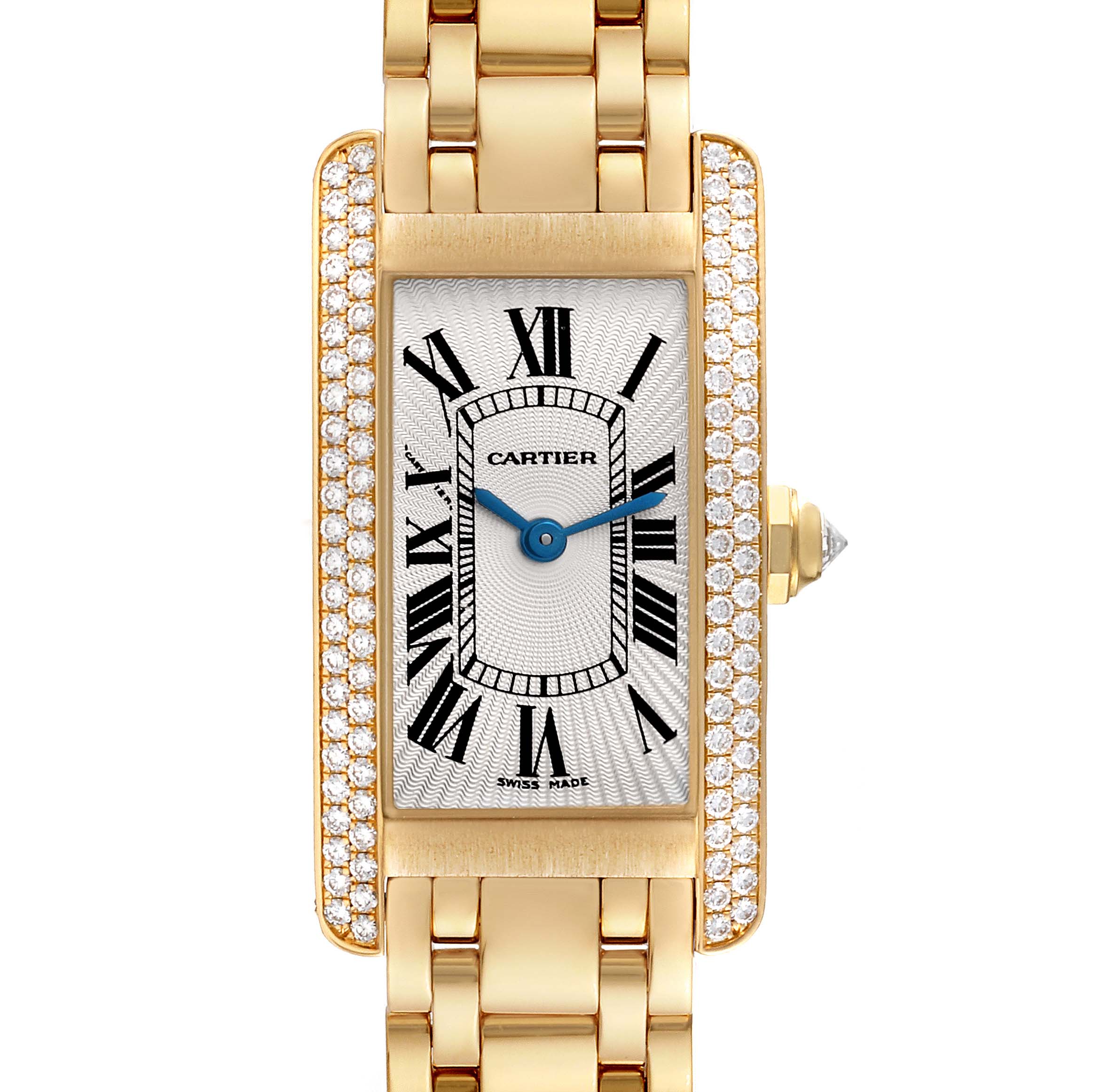 This image shows a front view of the Cartier Tank Americaine WB7012K2 Women's Yellow Gold Silver Dial WB7012K2 Women's Yellow Gold Silver Dial watch, including the face, bracelet, and diamond-set bezel.