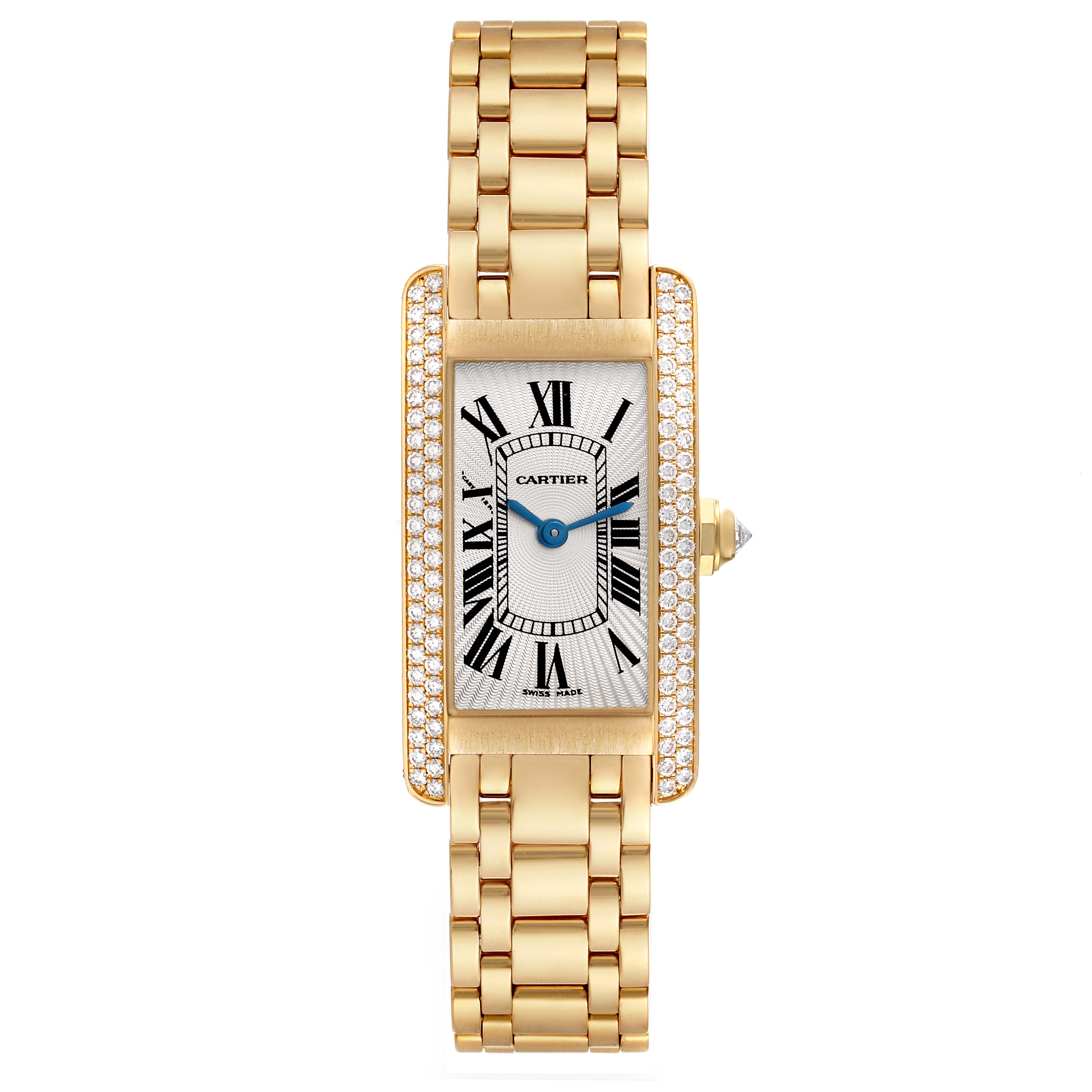 The image shows a front view of the Cartier Tank Américaine watch, featuring a gold bracelet and a diamond-set rectangular bezel.