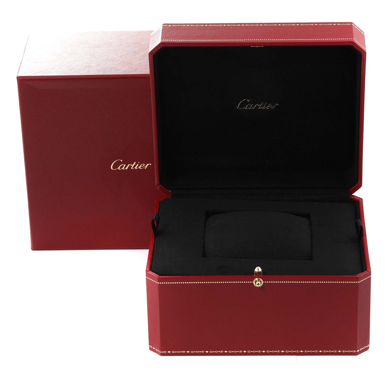 This image shows an open Cartier Tank Americaine WB7012K2 Women's Yellow Gold Silver Dial WB7012K2 Women's Yellow Gold Silver Dial watch box and its outer red packaging.