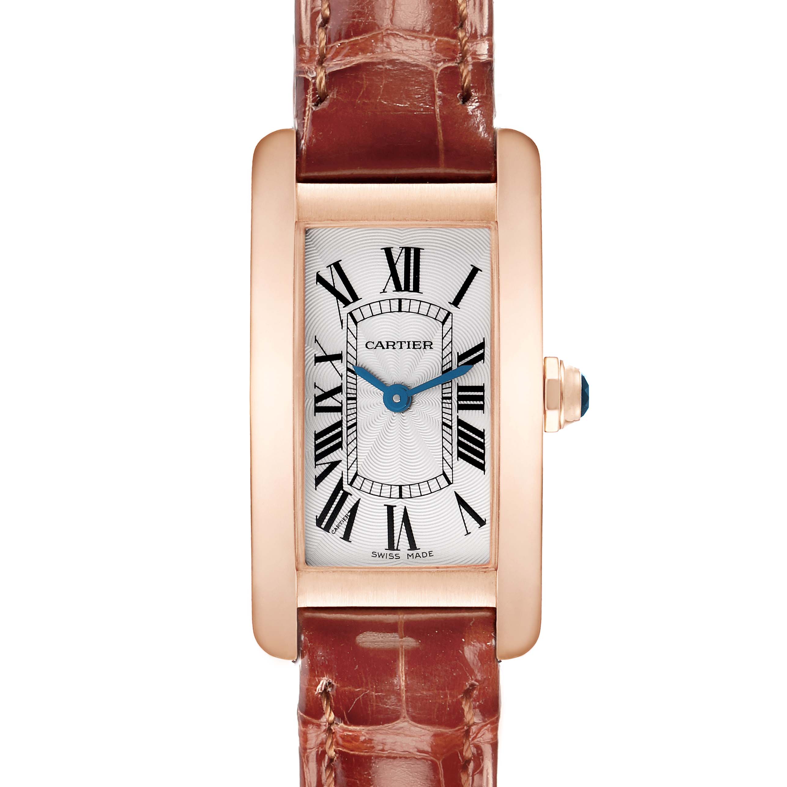 The Cartier Tank Americaine W2607456 Women's Rose Gold Silver Dial W2607456 Women's Rose Gold Silver Dial watch is shown from a top-down angle, highlighting the dial, case, and part of the strap.
