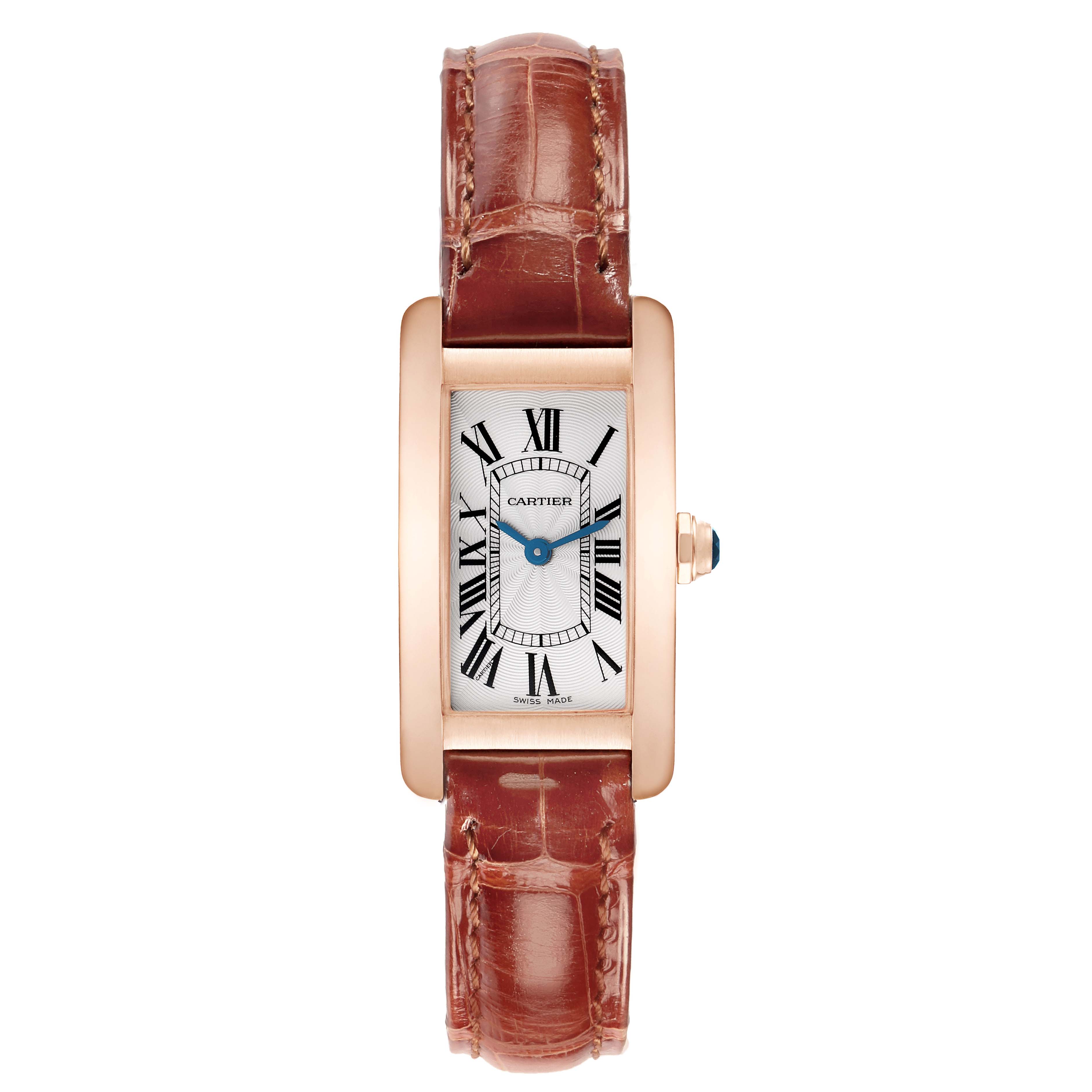 The Cartier Tank Americaine W2607456 Women's Rose Gold Silver Dial W2607456 Women's Rose Gold Silver Dial watch is shown from a top-down angle, featuring its rectangular case, Roman numeral dial, and leather strap.