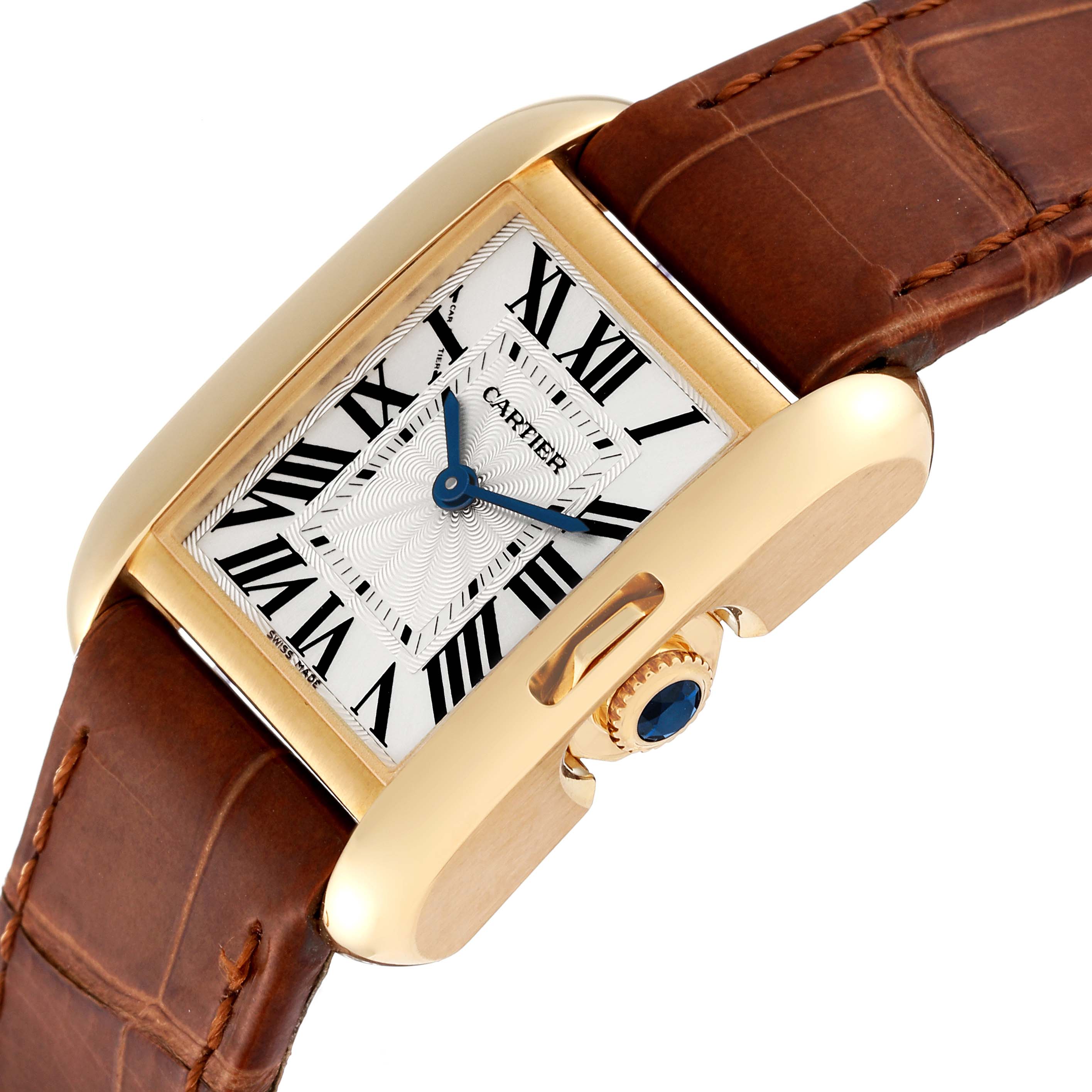The image shows a close-up angle of the Cartier Tank Anglaise W5310028 Women
s Yellow Gold Silver Dial W5310028 Women
s Yellow Gold Silver Dial watch, focusing on the dial, crown, and brown leather strap.