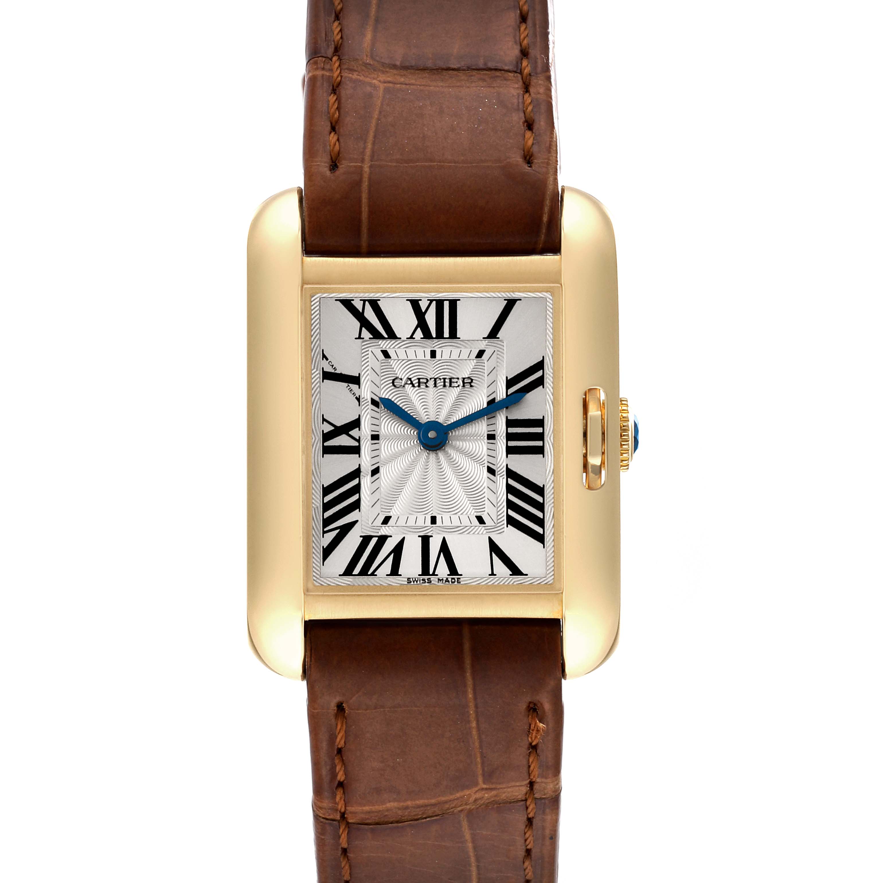The Cartier Tank Anglaise W5310028 Women
s Yellow Gold Silver Dial W5310028 Women
s Yellow Gold Silver Dial watch is shown from the front, displaying its face, brown leather strap, and gold casing.
