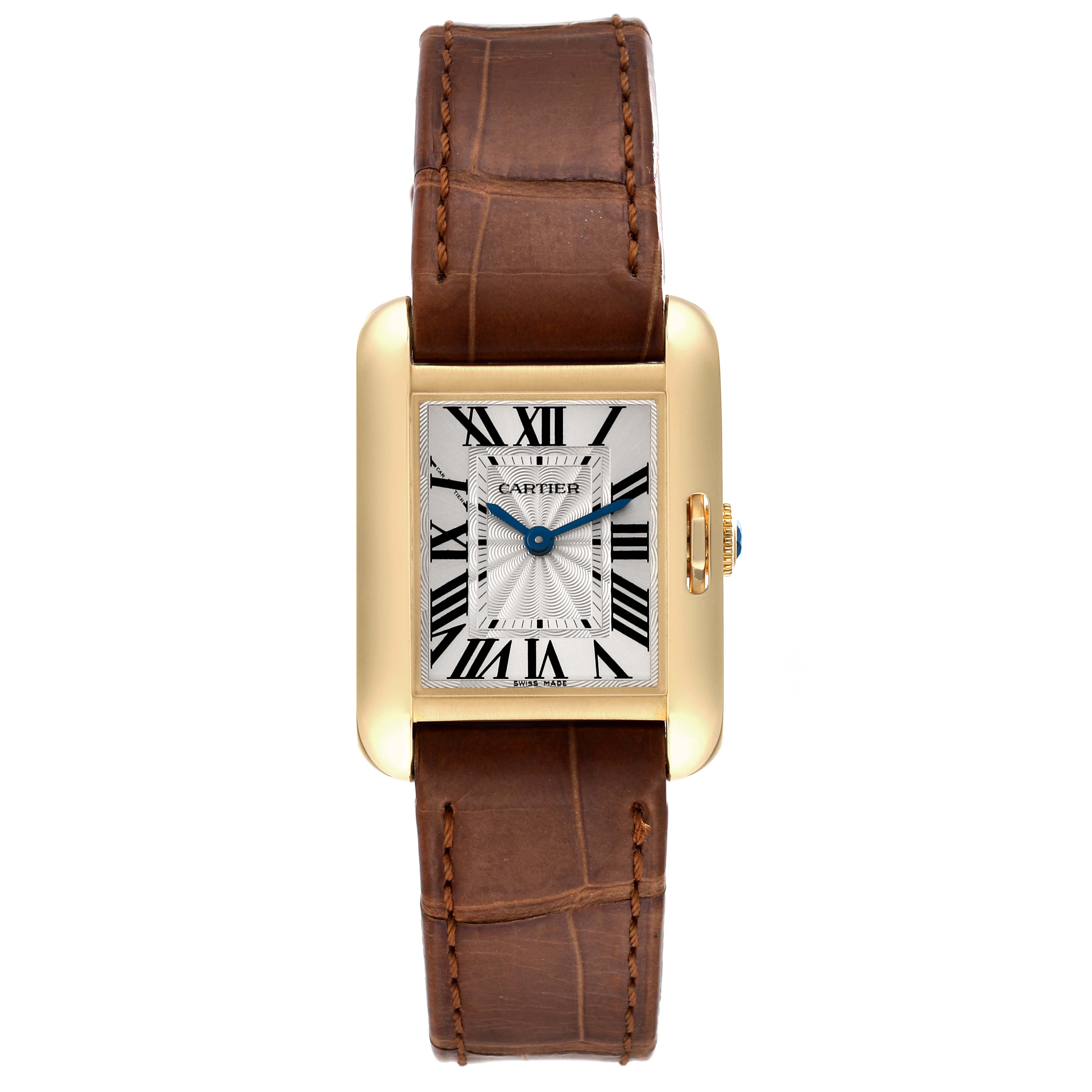The image shows a frontal view of the Cartier Tank Anglaise W5310028 Women
s Yellow Gold Silver Dial W5310028 Women
s Yellow Gold Silver Dial watch with a brown leather strap and gold casing.