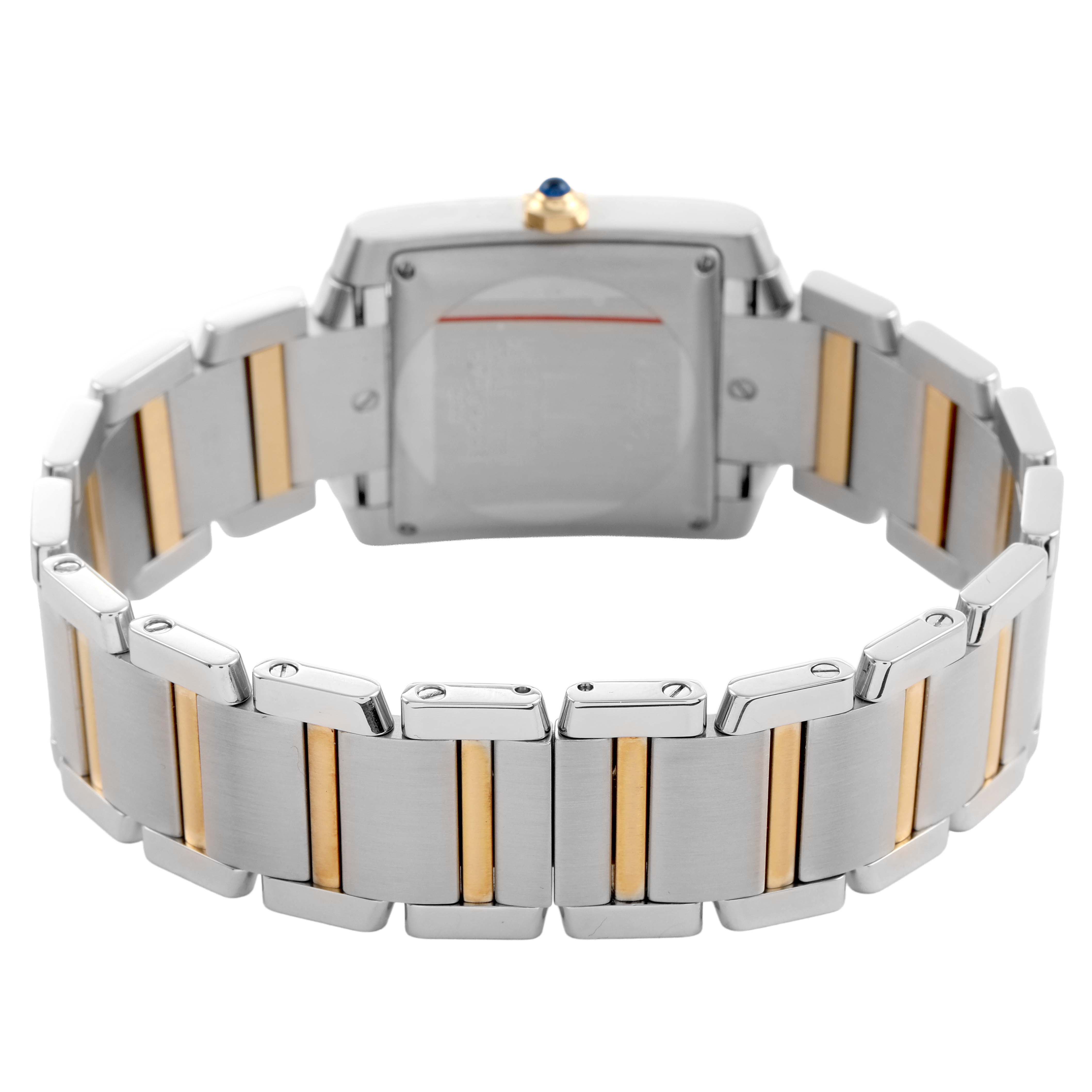 The image shows the back and bracelet of a Cartier Tank Francaise W51005Q4 Men's Stainless Steel Silver Dial, highlighting its two-tone metal links.